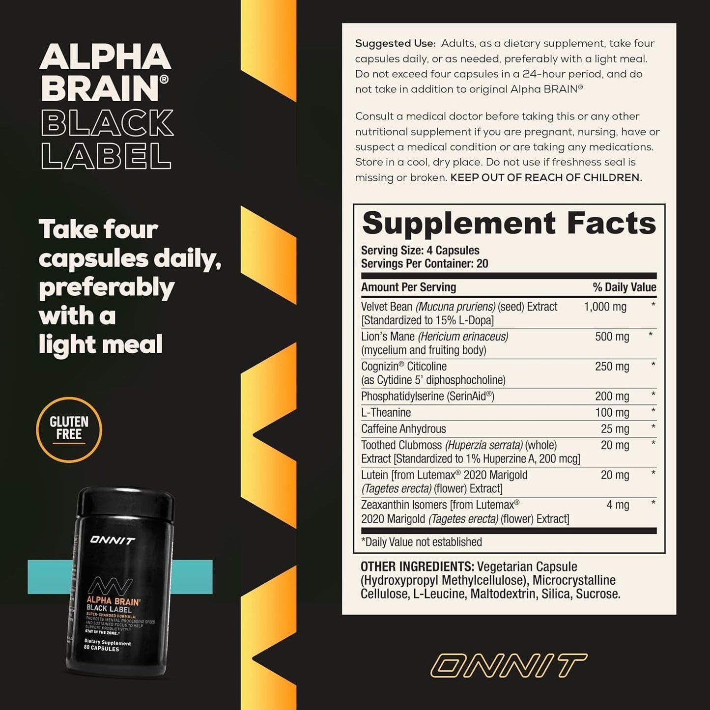 ONNIT Alpha Brain Black Label Capsule (80Ct) Premium Citicoline Brain Supplement - Focus, Concentration & Memory