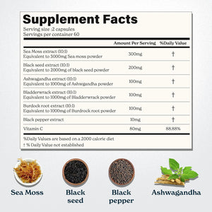 Sea Moss Capsules- Irish Sea Moss with Black Seed Oil, Ashwagandha & Black Pepper for Stamina, Strength & Endurance 60 Servings