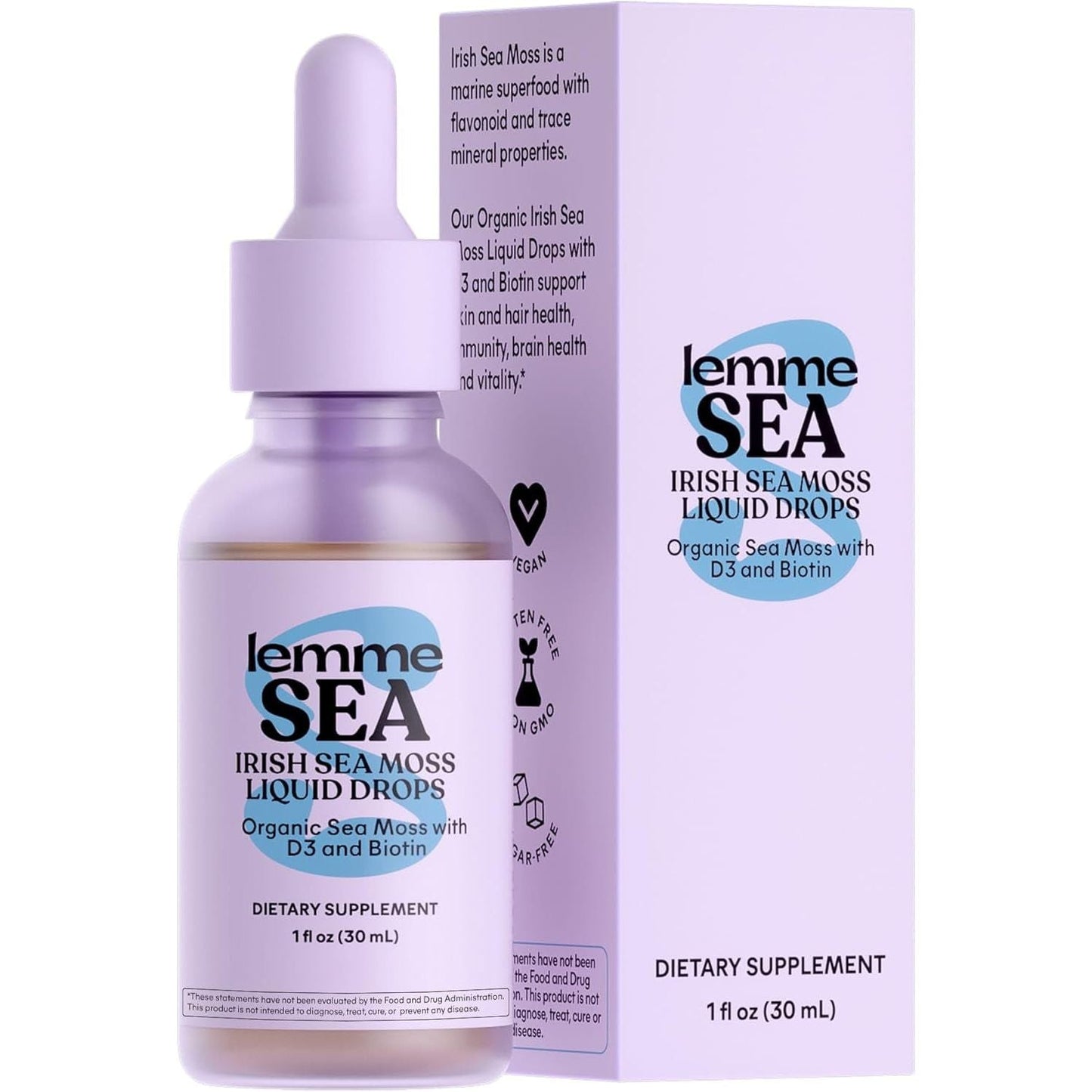 Lemme Irish Sea Moss Organic Liquid Drops with Vitamin D3 and Biotin for Trace Mineral Support, Immunity, Hair, Skin & Nails, Brain Health - 30 Servings