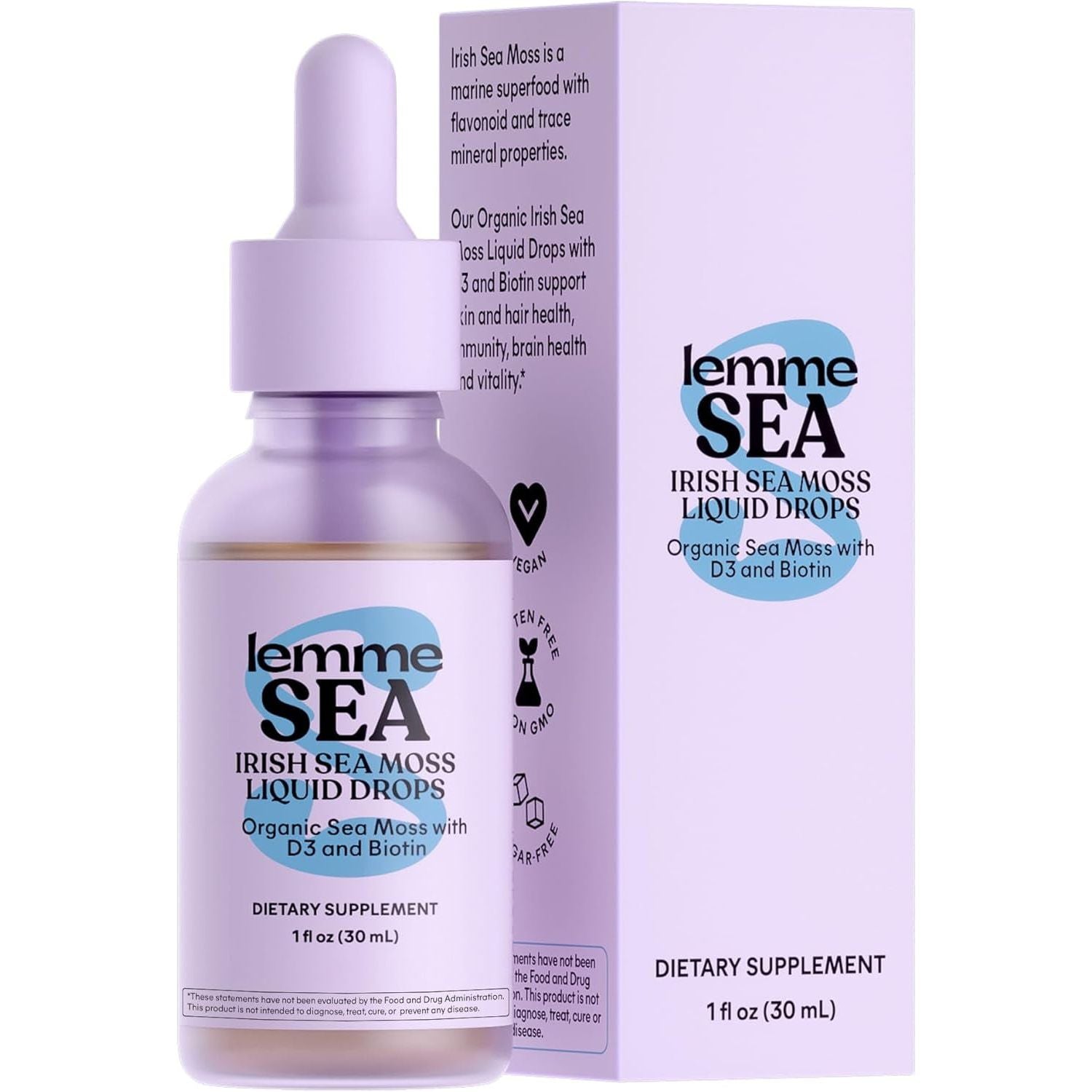 Lemme Irish Sea Moss Organic Liquid Drops with Vitamin D3 and Biotin for Trace Mineral Support, Immunity, Hair, Skin & Nails, Brain Health - 30 Servings