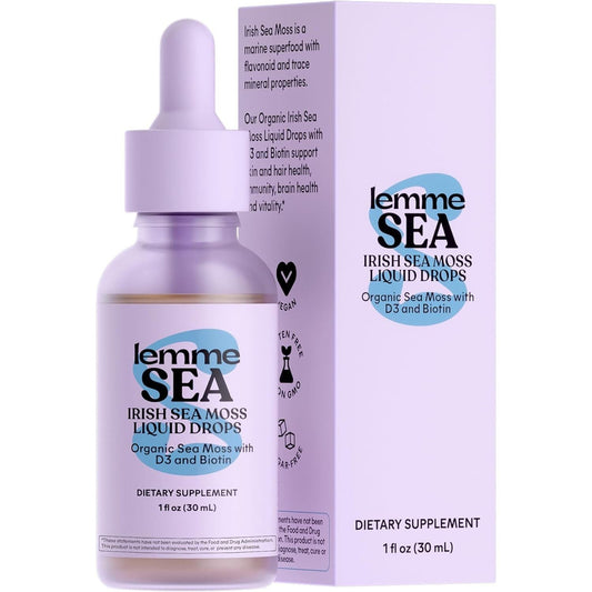 Lemme Irish Sea Moss Organic Liquid Drops with Vitamin D3 and Biotin for Trace Mineral Support, Immunity, Hair, Skin & Nails, Brain Health - 30 Servings