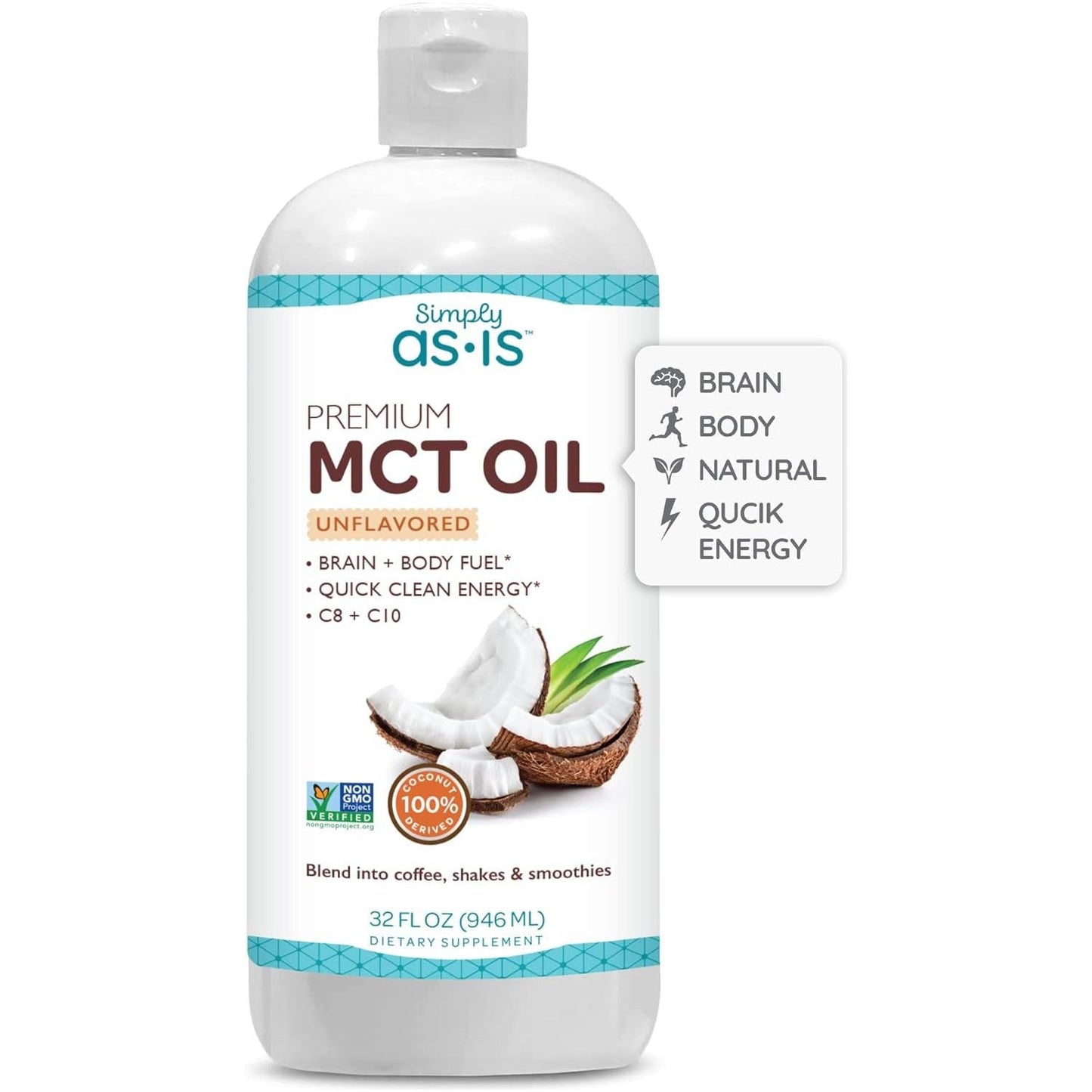 AS-IS Simply Premium MCT Oil C8 & C10 | Unflavored | Quick Clean Energy | 32 Fl Oz (63 Servings)