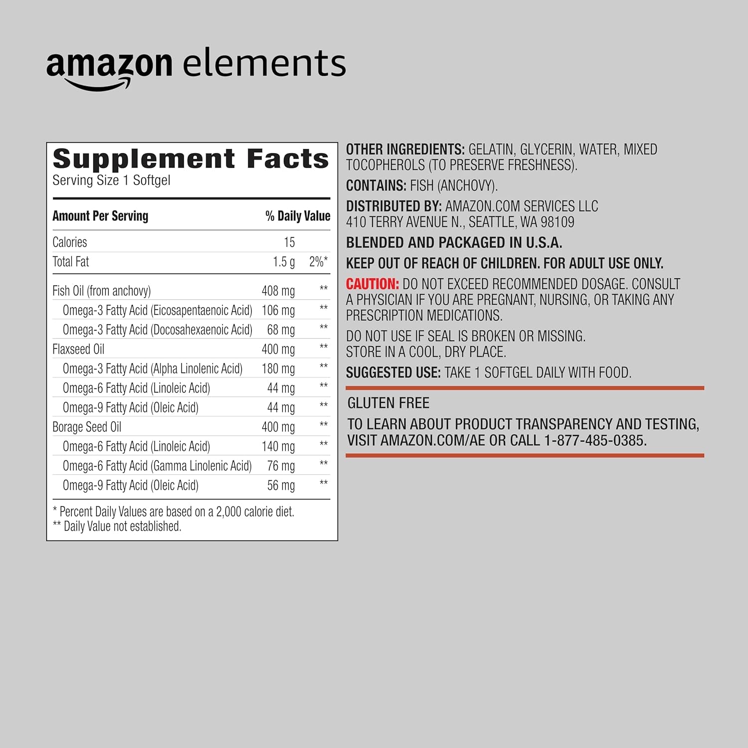 Amazon Elements Omega 3-6-9 Complex of Fish, Flaxseed and Borage Oil 60 Softgels