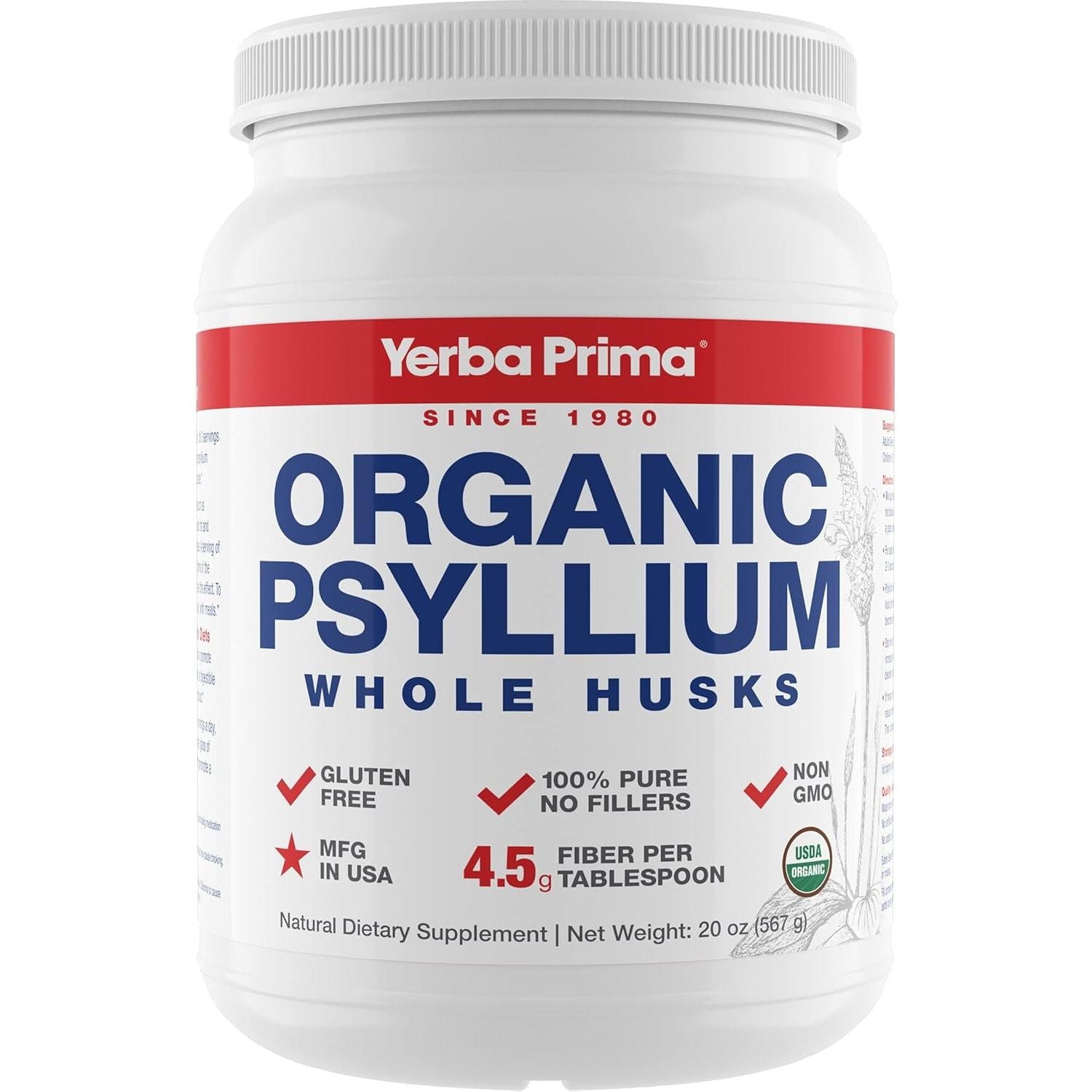 Yerba Prima Organic Psyllium Whole Husks Colon Cleanser - Natural Daily Dietary Fiber Supplement 20 Oz 