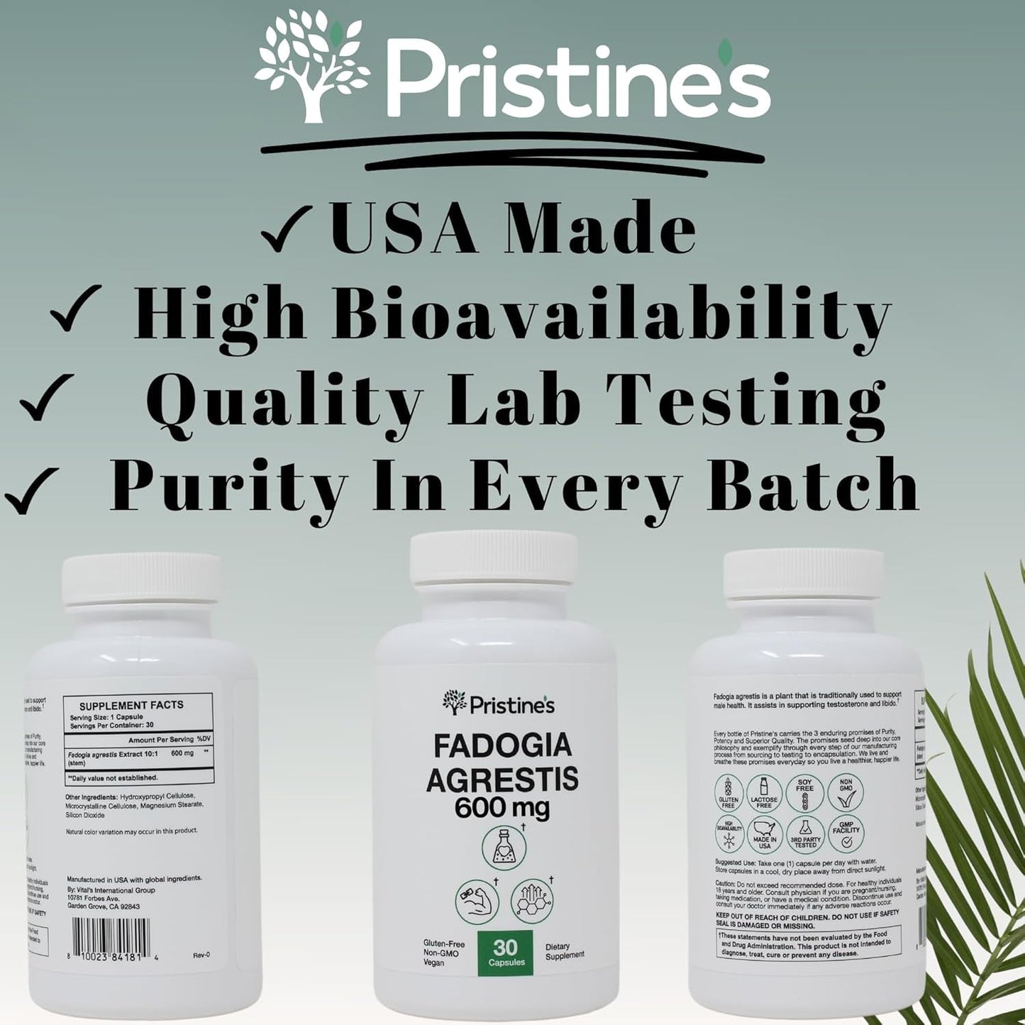 PRISTINE'S Fadogia Agrestis 600MG - Sports Nutrition Testosterone Booster Support Capsules 30-Day Supply
