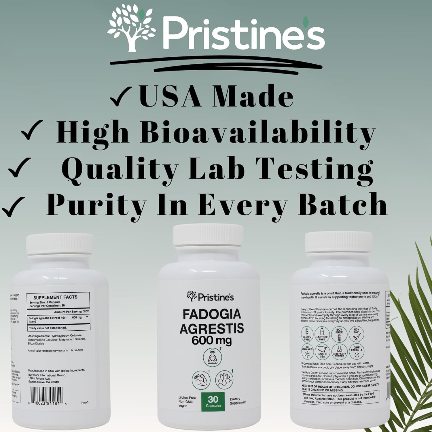 PRISTINE'S Fadogia Agrestis 600MG - Sports Nutrition Testosterone Booster Support Capsules 30-Day Supply