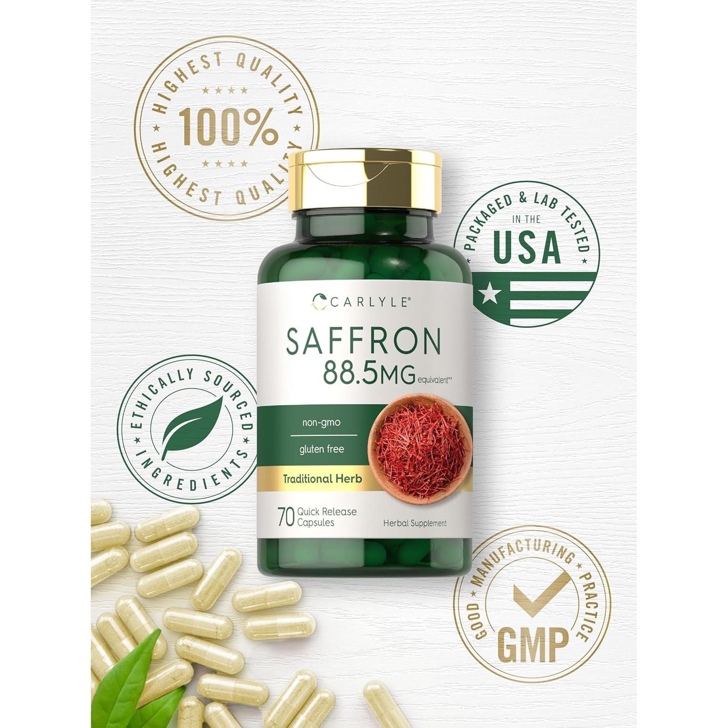 Carlyle Saffron Extract Supplement | 88.5Mg | 70 Capsules | for Women & Men | Non-Gmo & Gluten Free Supplement