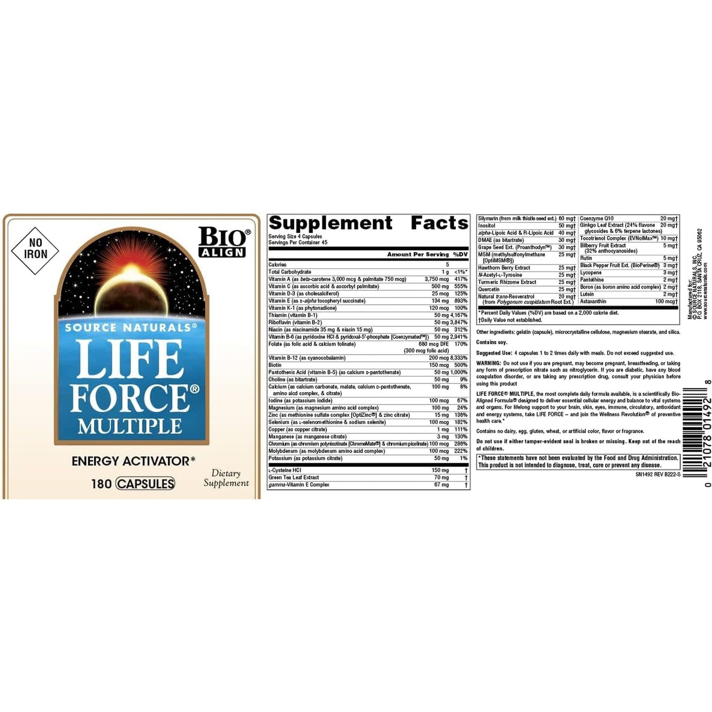 Source Naturals Life Force Multiple, Energy Activator*, Daily Multivitamin - 180 Capsules