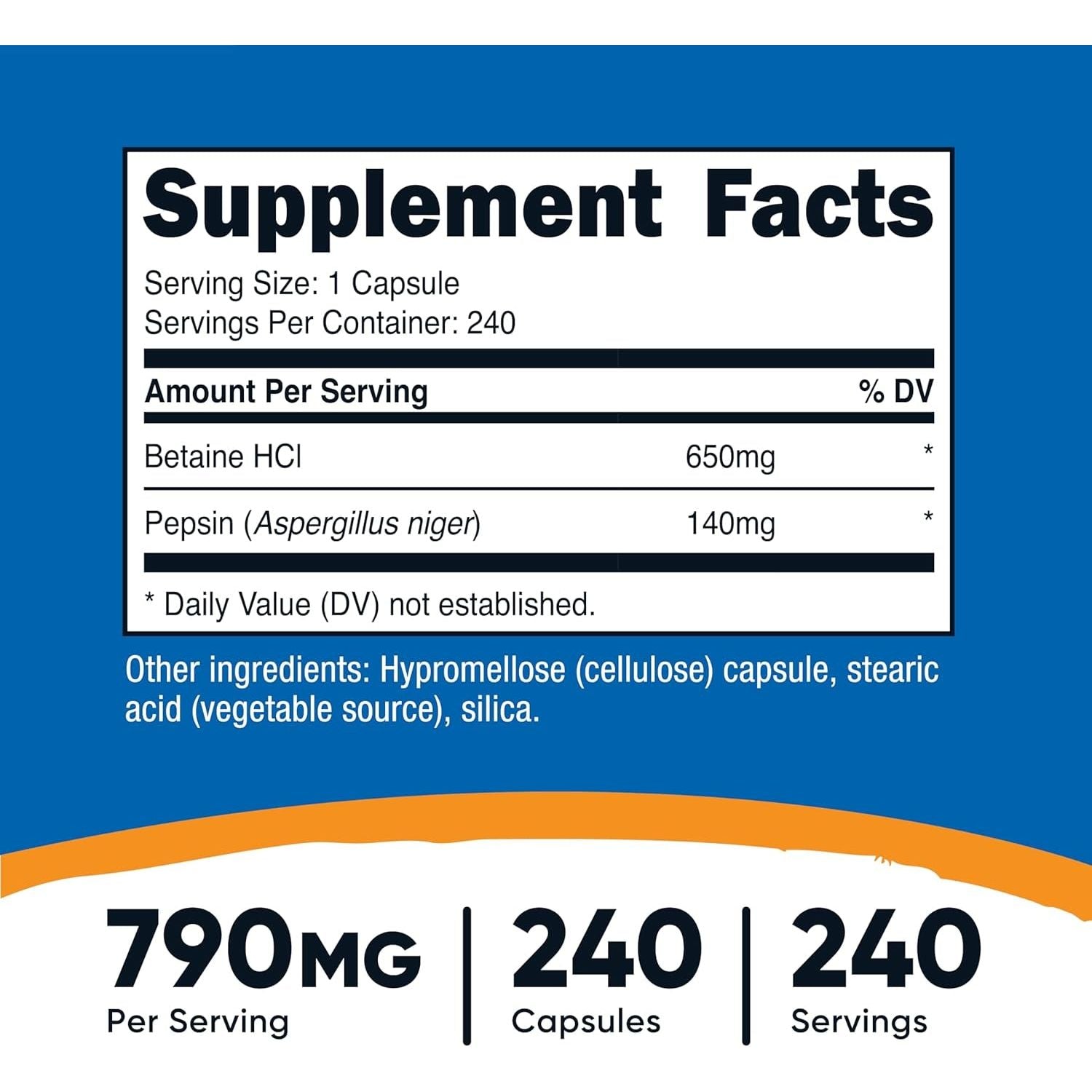 Nutricost Betaine Hcl + Pepsin 790Mg, 240 Capsules - Gluten Free & Non-Gmo