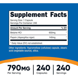 Nutricost Betaine Hcl + Pepsin 790Mg, 240 Capsules - Gluten Free & Non-Gmo