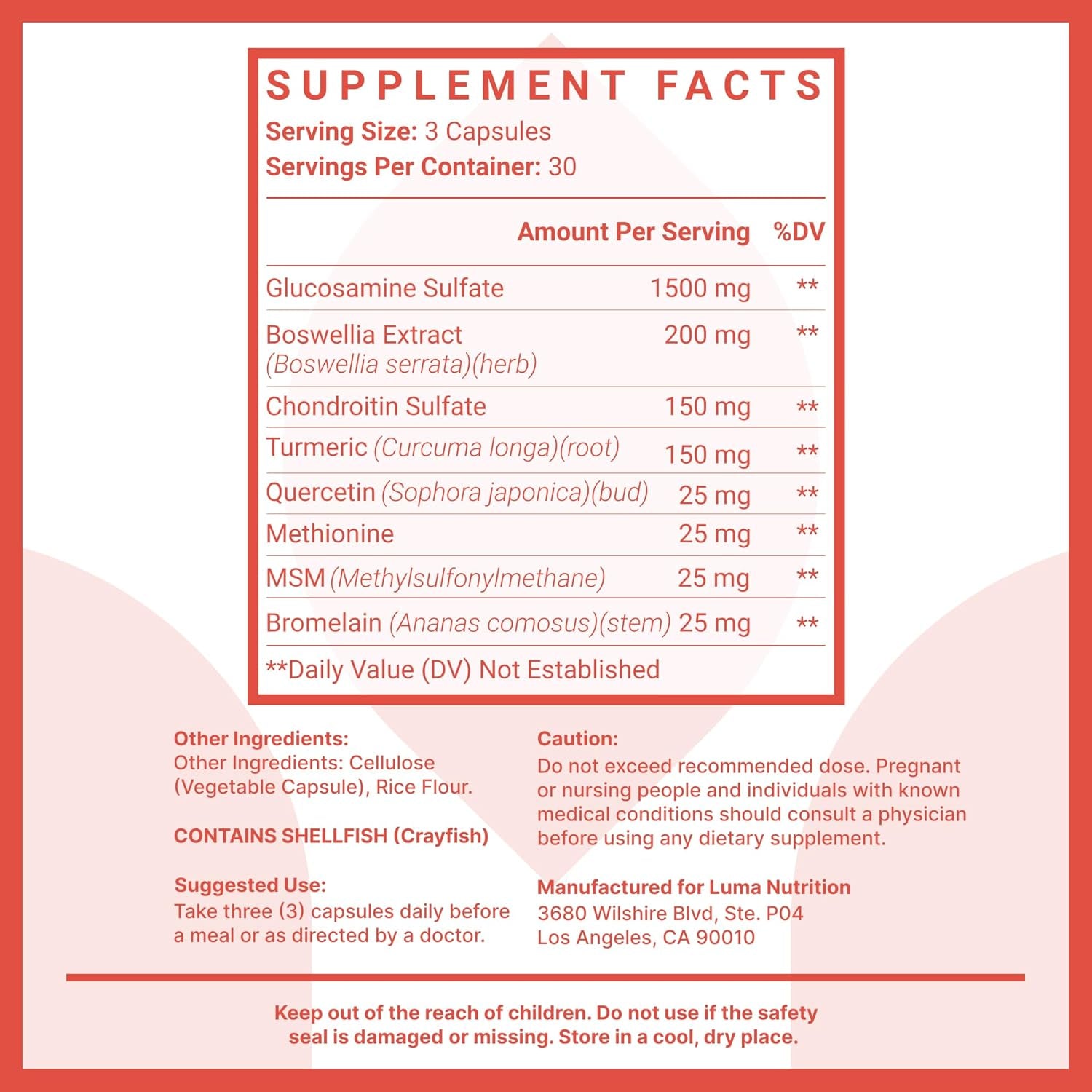 Luma Nutrition Glucosamine Chondroitin MSM - Turmeric, Boswellia - Joint Supplement - 90 Capsules