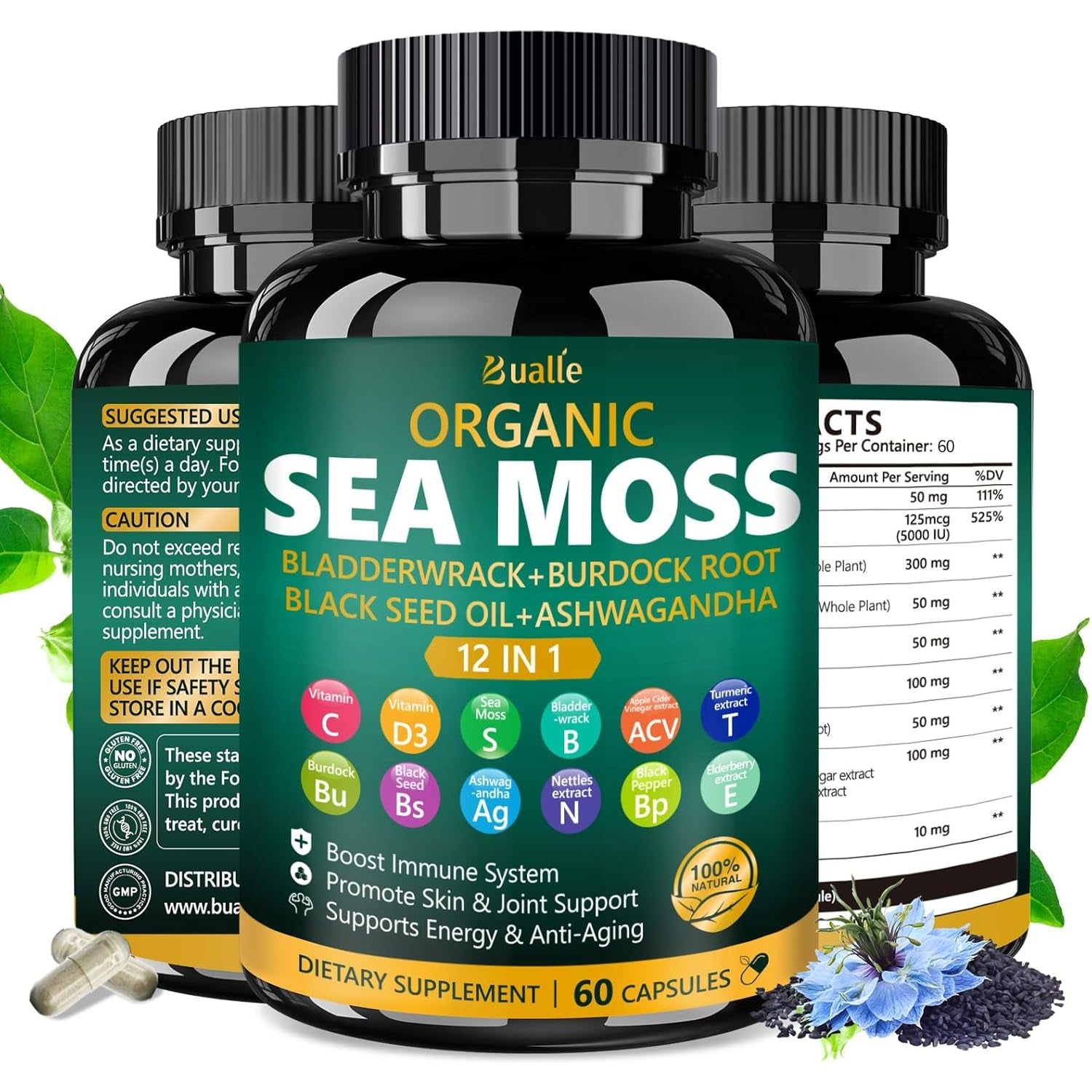 Organic Sea Moss Capsules for Immune System,Skin,Energy Support-60 Capsules