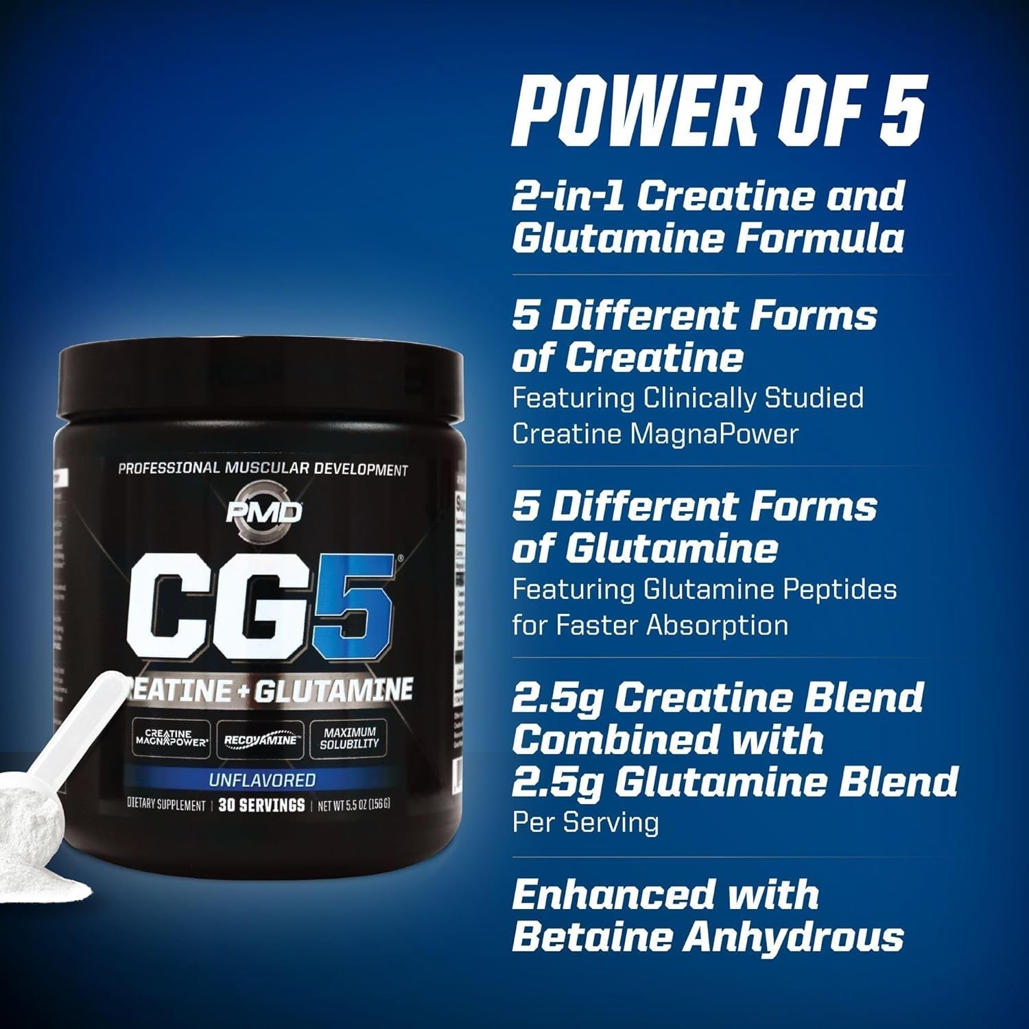 PMD Sports CG5 Premium Creatine & L Glutamine Powder, UNFLAVORED 30 Servings