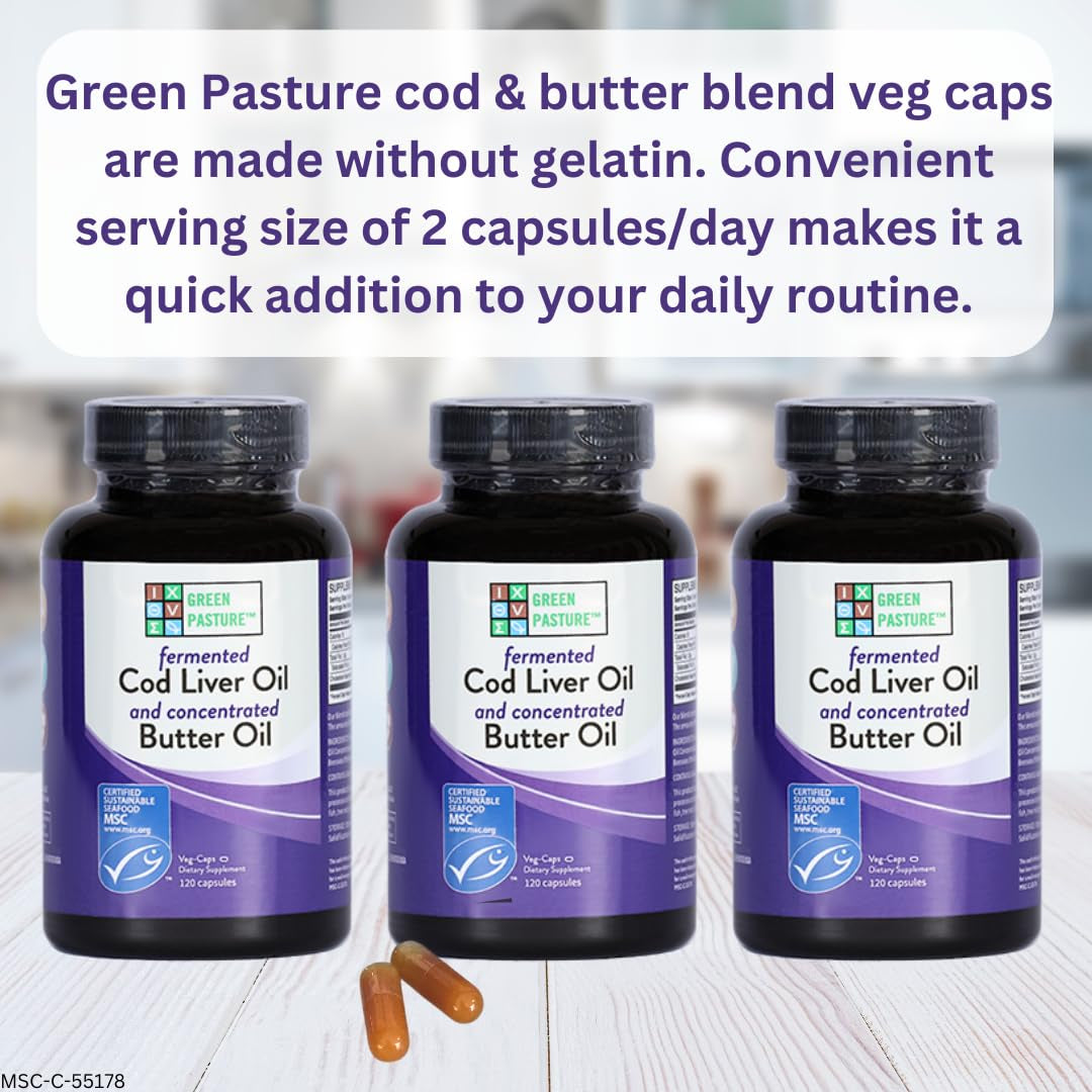 Green Pasture Fermented Cod Liver Oil Blend and Concentrated Butter Oil Blend - 120 Capsules