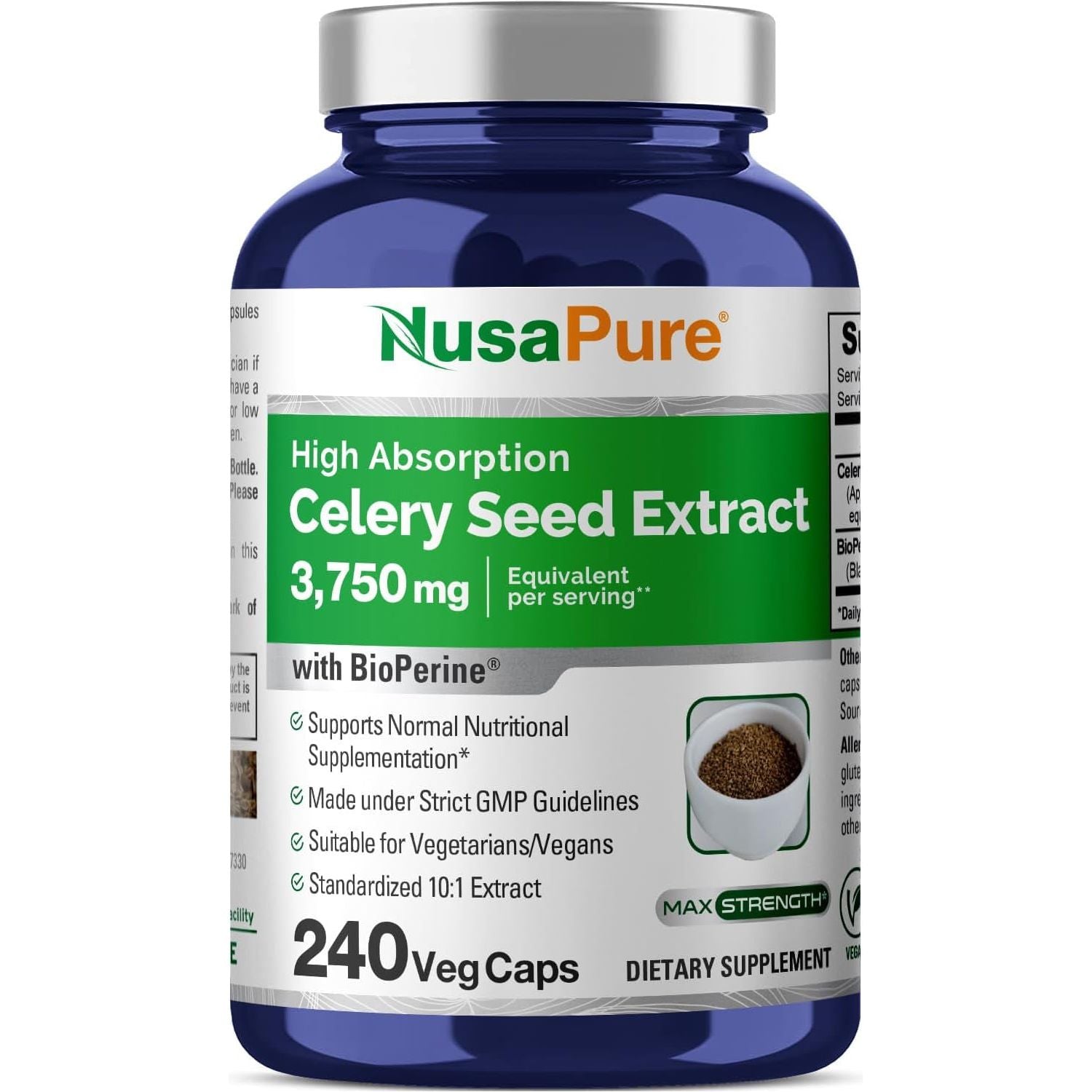 Nusapure Celery Seed Capsules 10:1 Extract, 375 Mg, 240 Veggie Caps