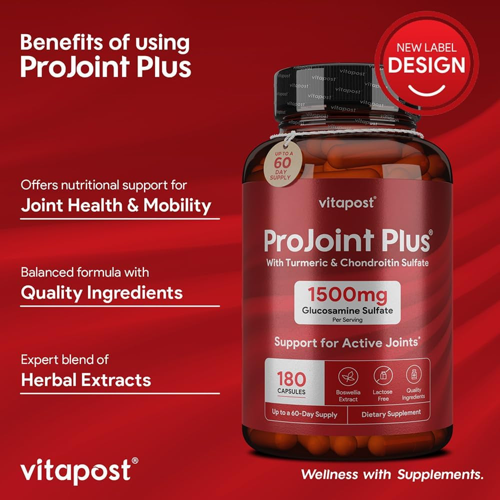 Projoint plus Joint Support Supplement with Glucosamine Sulfate, Chondroitin, MSM, Turmeric, Boswellia & Bromelain - 180 Capsules