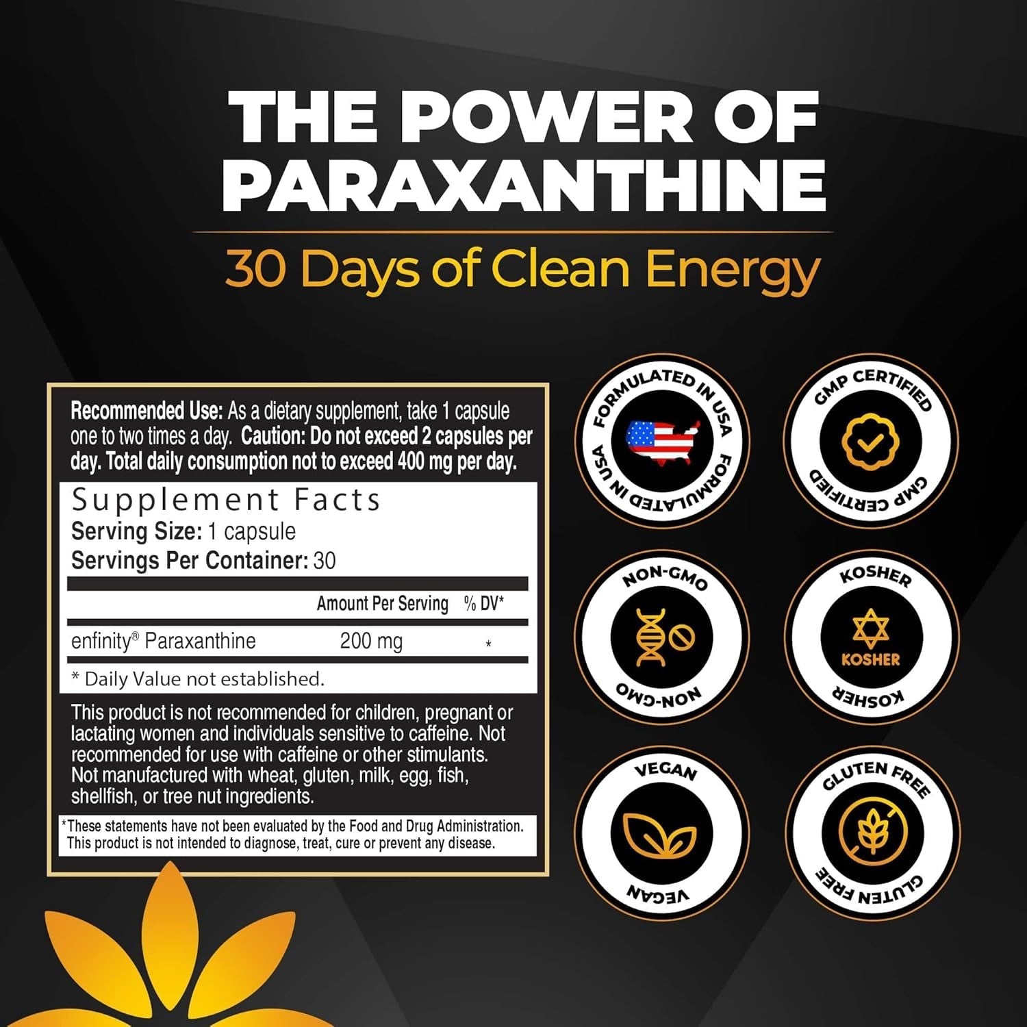 Enfinity Paraxanthine Capsules, Clean Energy & Focus, Caffeine Alternative | 200 Mg 30 Capsules