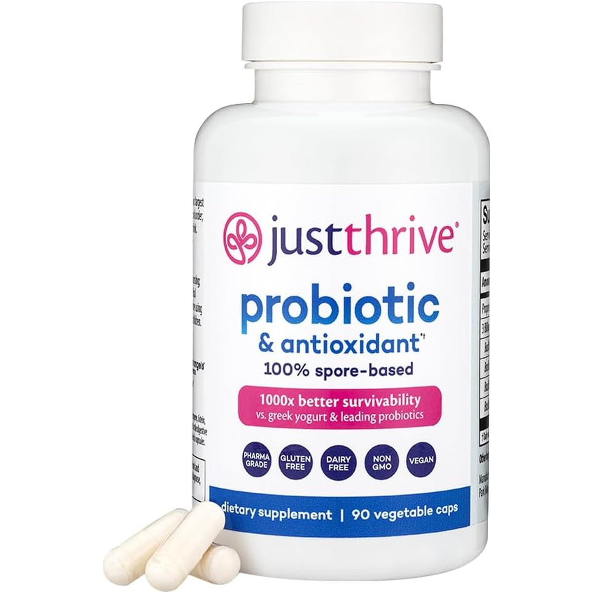 Just Thrive Probiotic & Antioxidant Supplement - 100% Spore-Based Digestive and Immune Support - 90 Caps