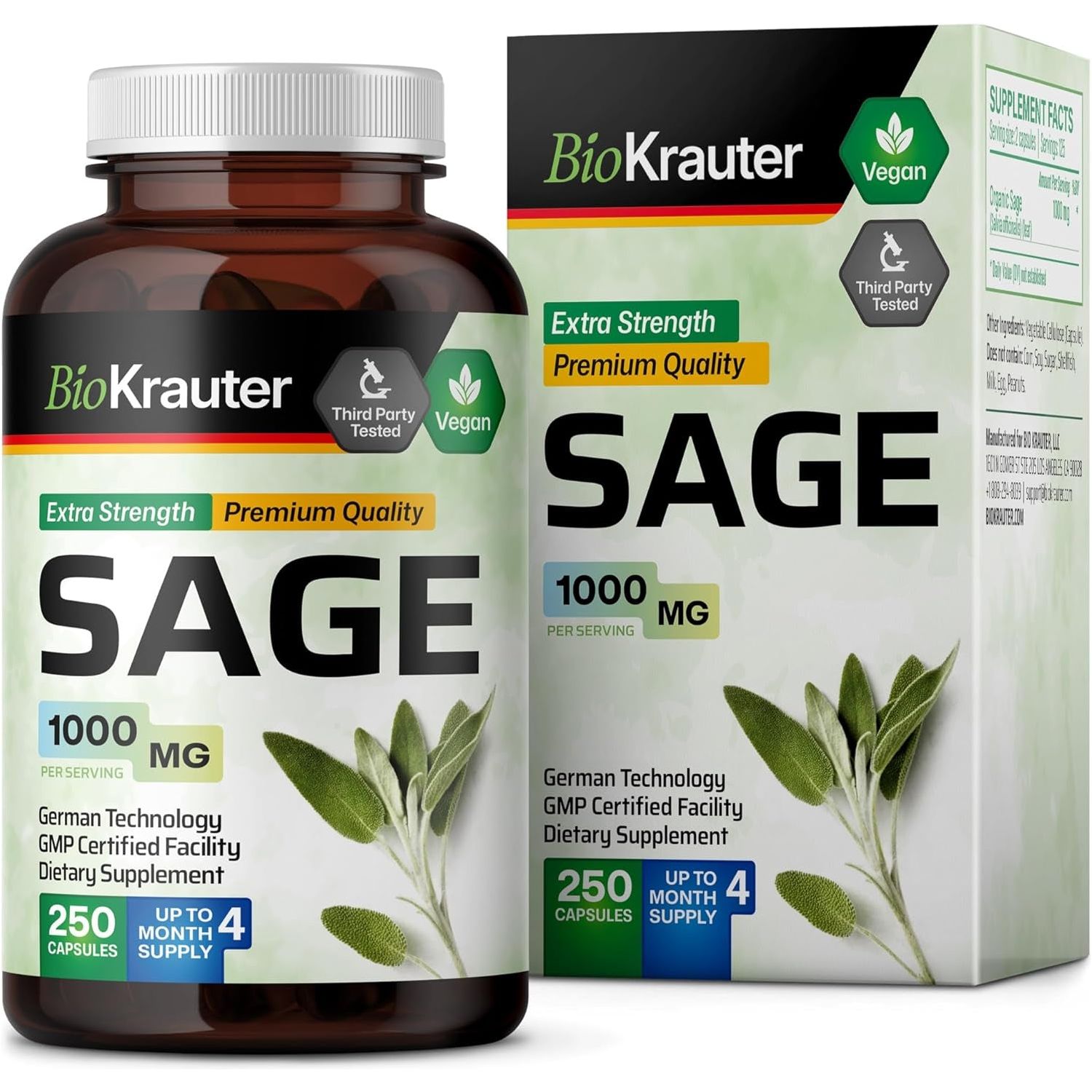 BIO KRAUTER Sage Supplement Capsules 1000 Mg - Immune & Digestive Support (250 Vegan Caps)