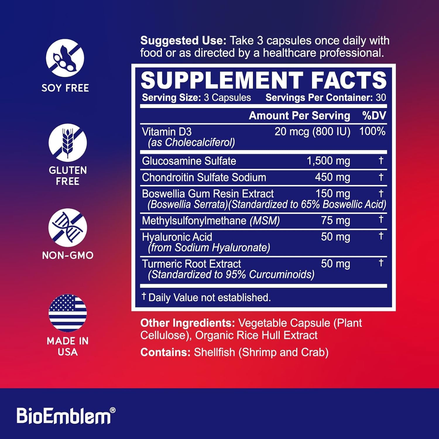Bioemblem Joint Support - Glucosamine Chondroitin + MSM 1500 MG - with Boswellia, Turmeric & Hyaluronic Acid 90 Caps