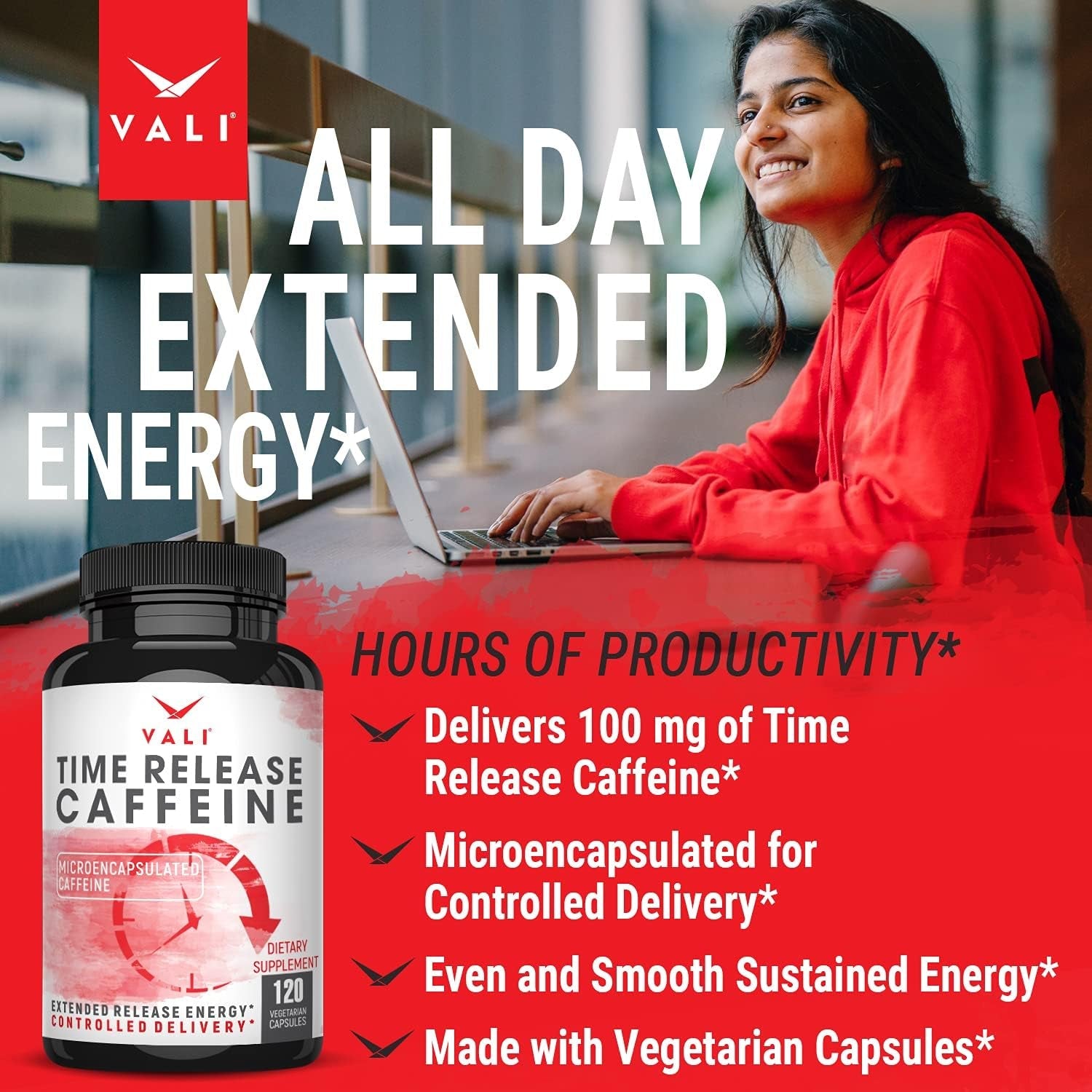 VALI Time Release Caffeine 100Mg Pills - Smart Slow Release for Extended Energy & Focus 120 Capsules