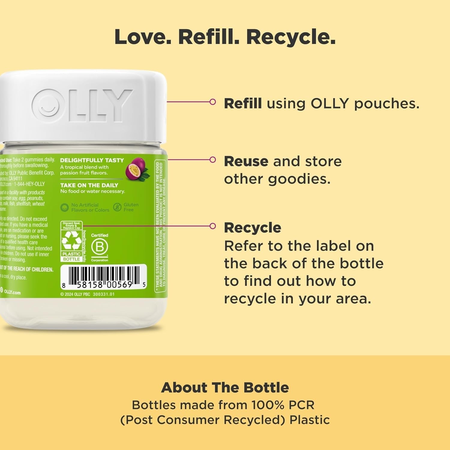 OLLY Daily Energy Gummy, Caffeine Free, Vitamin B12, Coq10, Goji Berry, Adult Chewable Supplement, Tropical Flavor - 60 Count