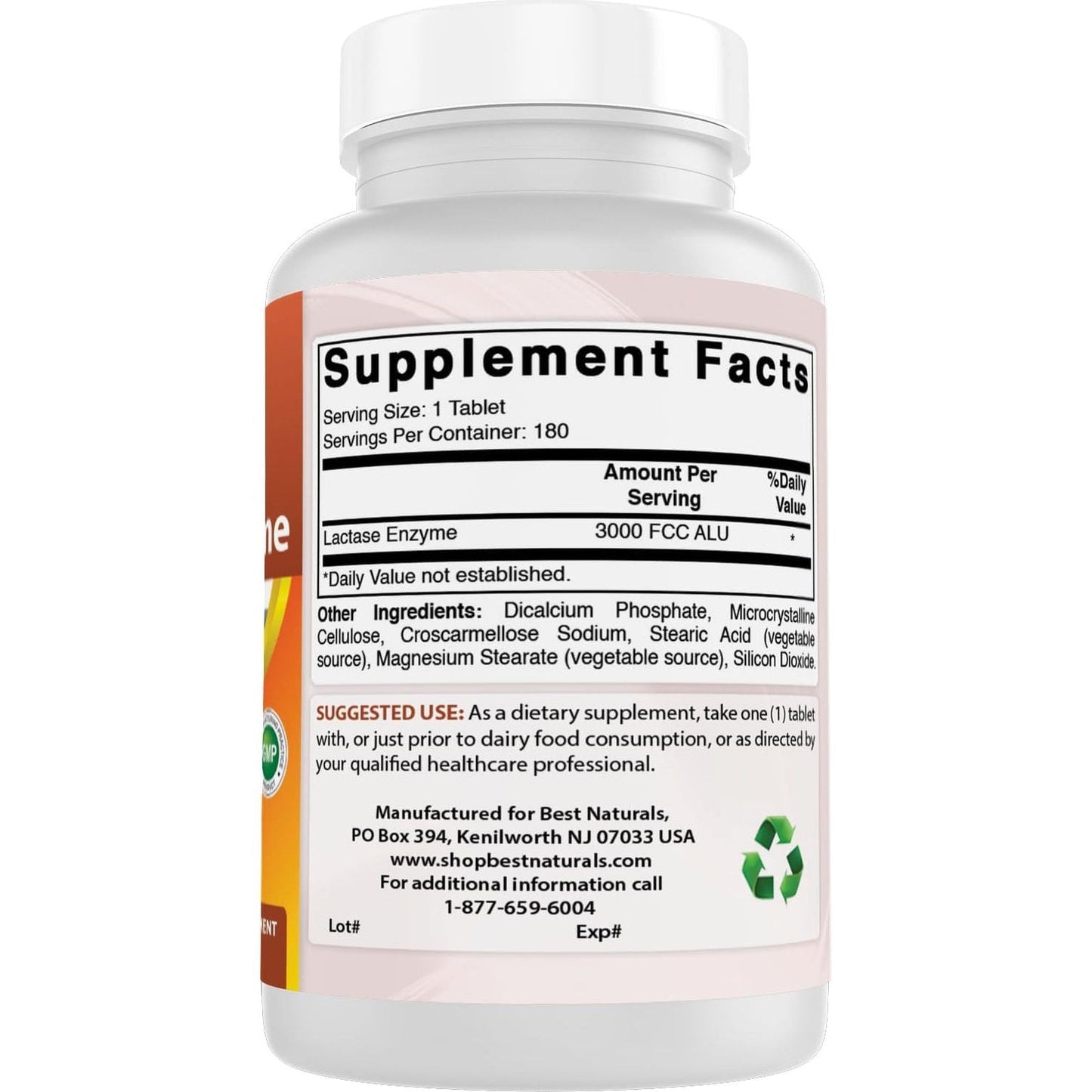 Best Naturals Fast Acting Lactase Enzyme Tablet, 3000 Fcc Alu, 180 Count