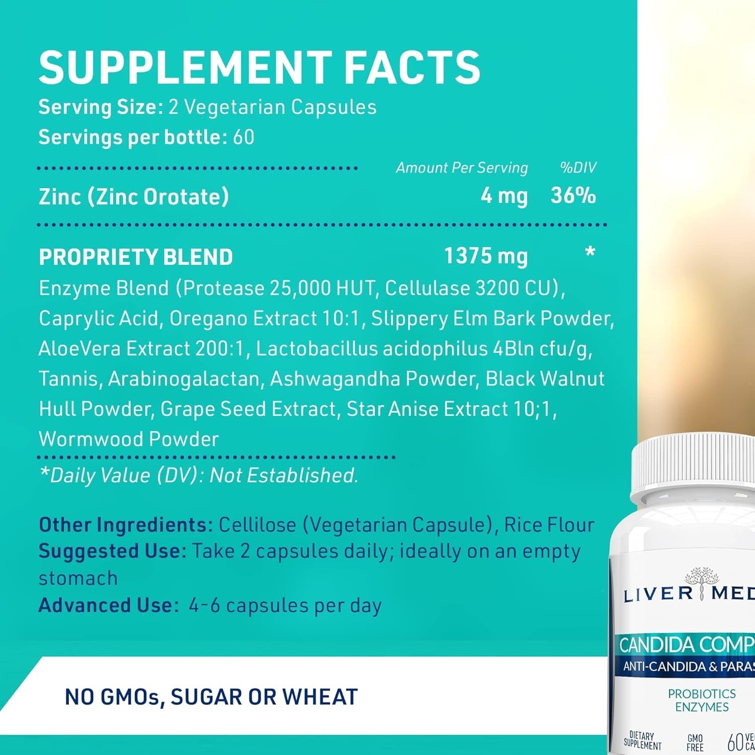 Candida Complex Oregano Oil, Digestive Enzymes, Candida Cleanse, 60 Vegetarian Capsules