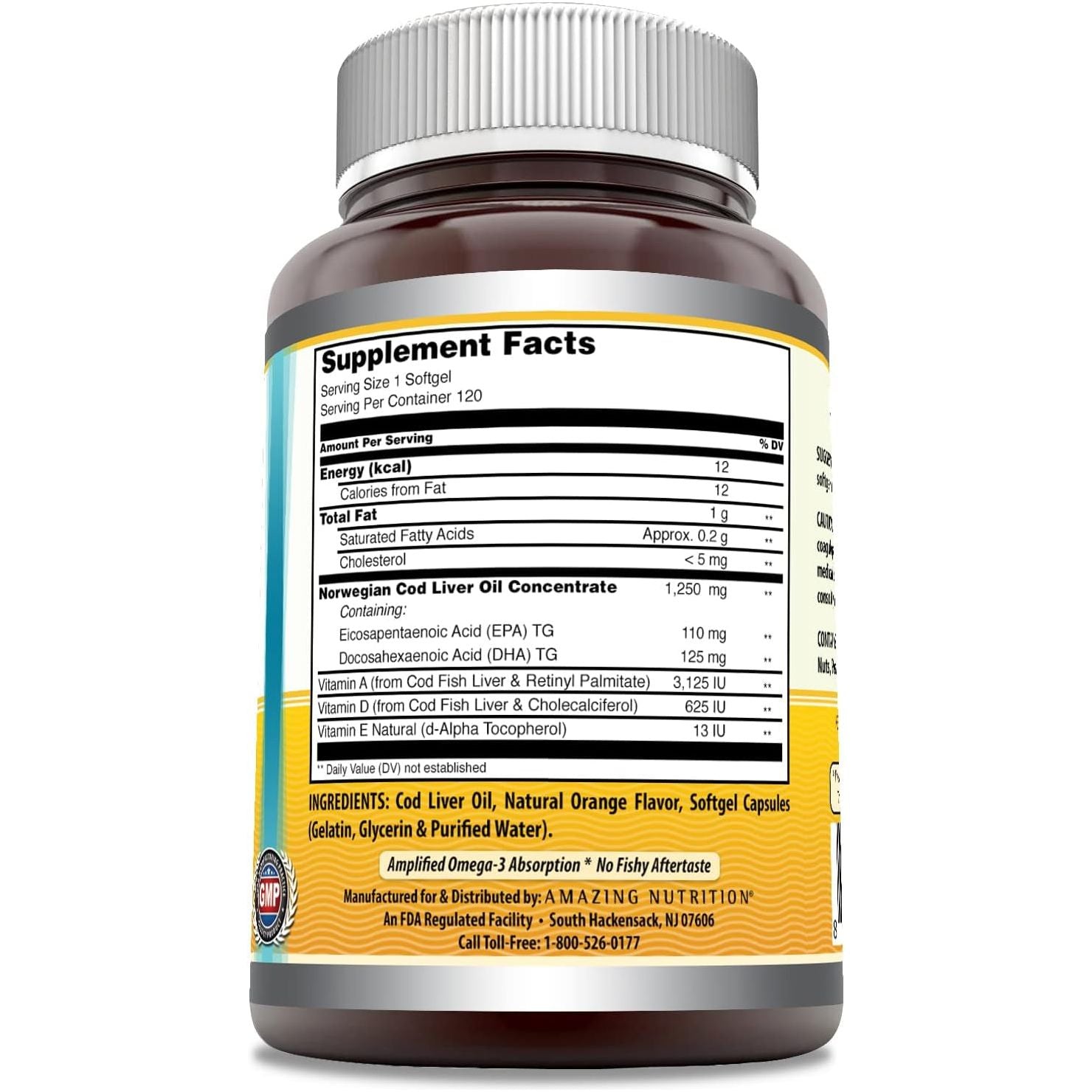 Amazing Omega Norwegian Cod Liver Oil 1250 Mg 120 Softgels (Fresh Orange Flavor)
