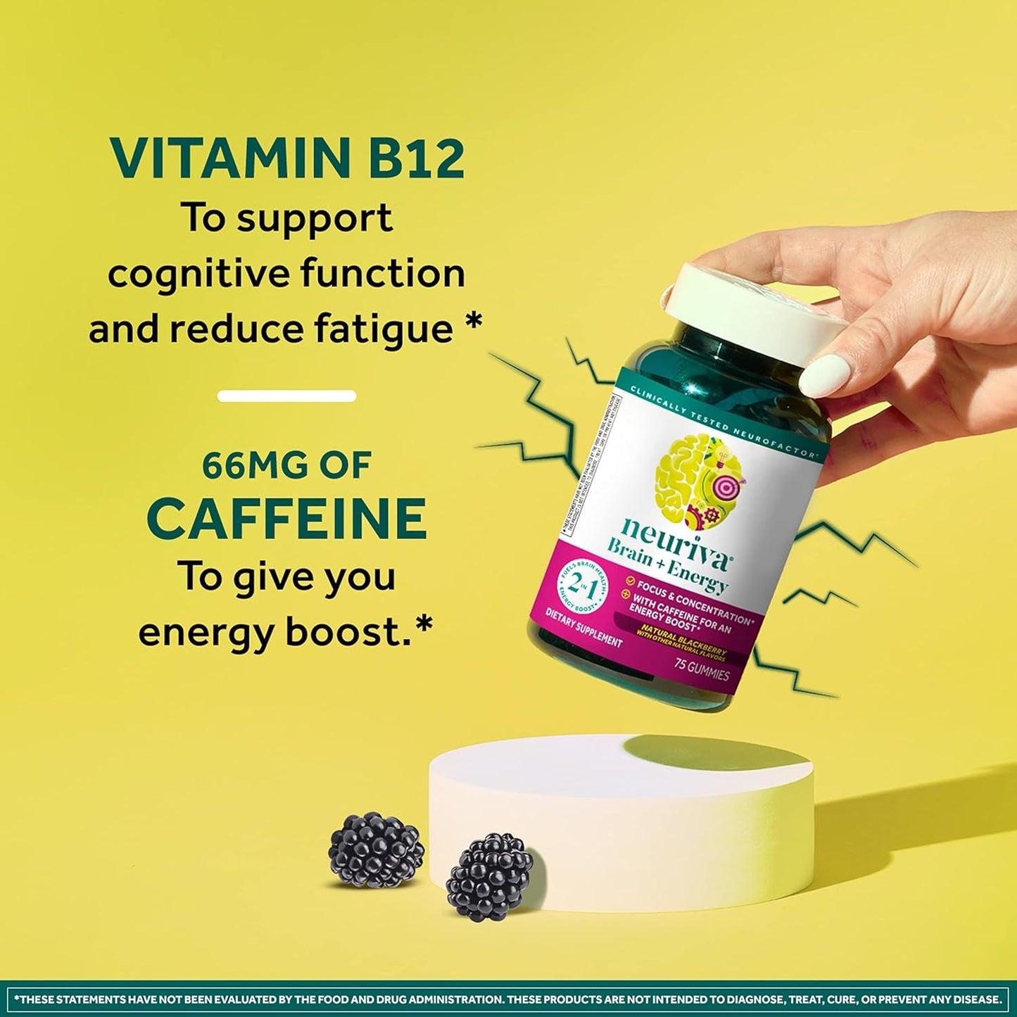 NEURIVA Brain + Energy Gummies, Nootropic Brain Supplements for Focus and Concentration 75 Count