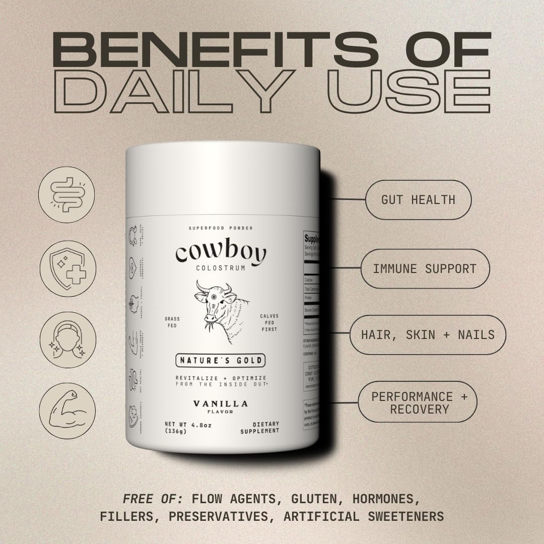Bovine Colostrum Powder - Grass Fed Colostrum Supplement for Gut Health, Immunity, Skin & Hair (Vanilla, 40 Servings)