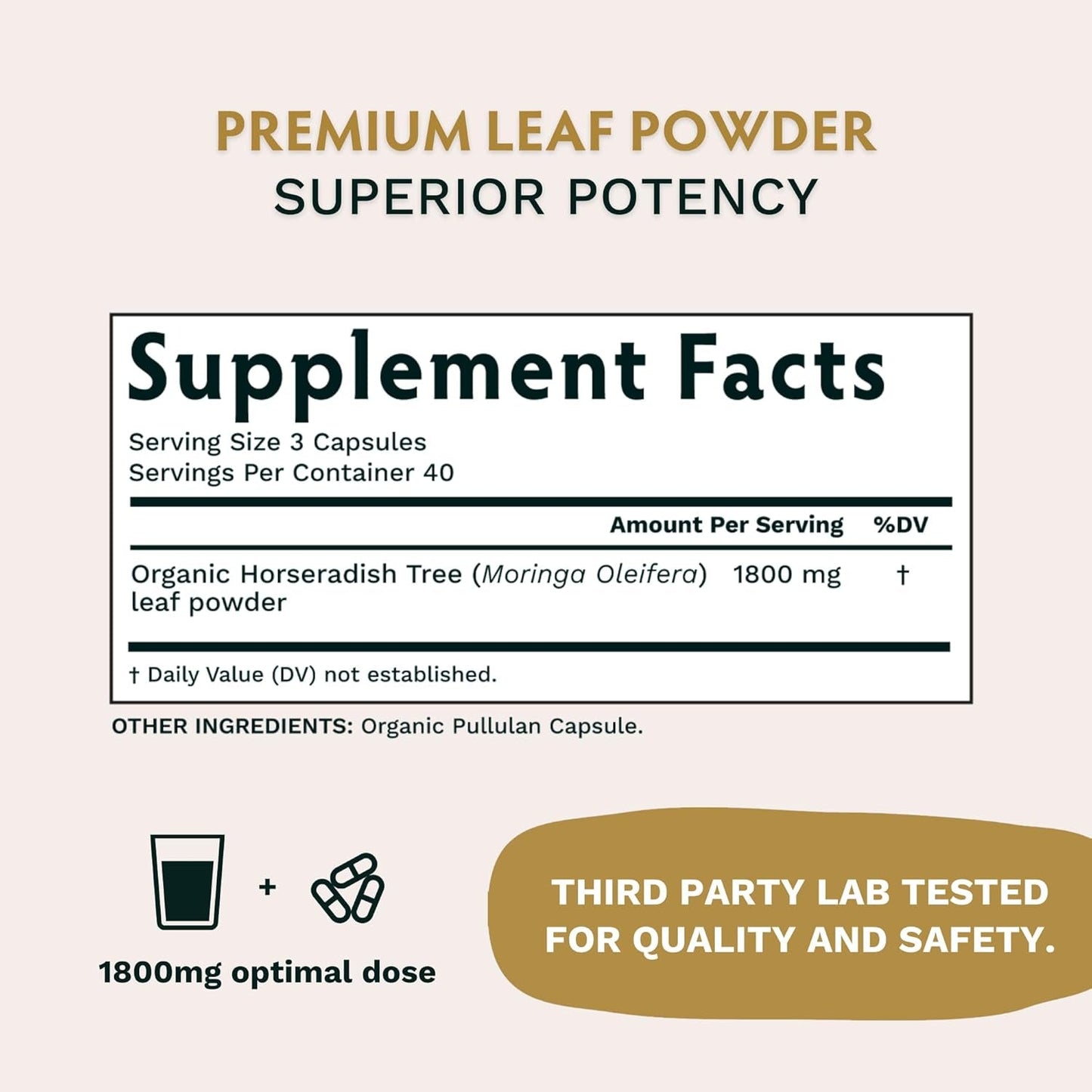 TRIBE ORGANICS 1800Mg Organic Moringa Oleifera Powder for Energy | Joints | Brain Function - 120 Vegan Capsules