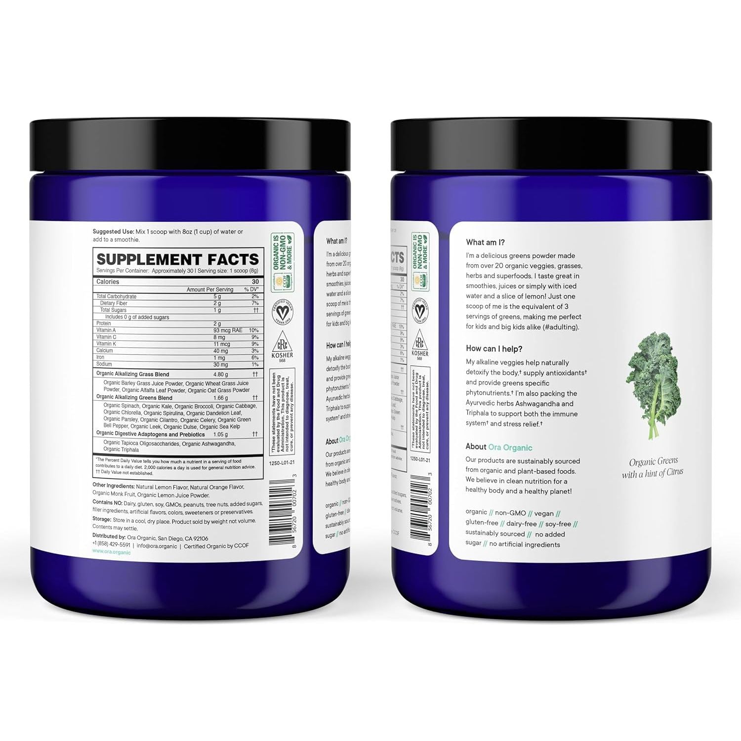 Ora Organic Greens Powder - Super Greens Drink for Energy and Detox | Antioxidants & Adaptogenic Herbs - Citrus Flavor, 30 Servings