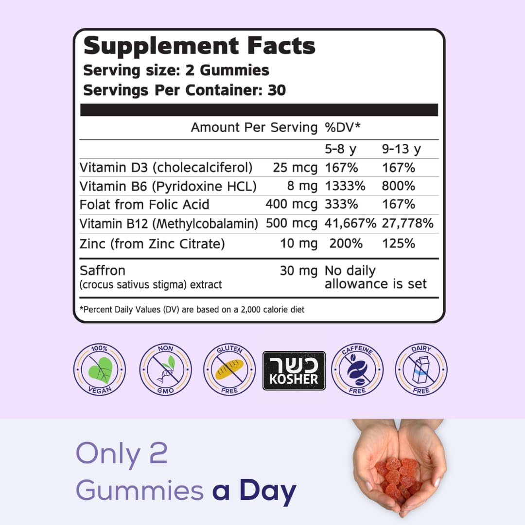 Brain Booster+ 30Mg Saffron-Based Multivitamin Gummies for Kids Focus & Mood Support, 60X Non-Gmo Gummy