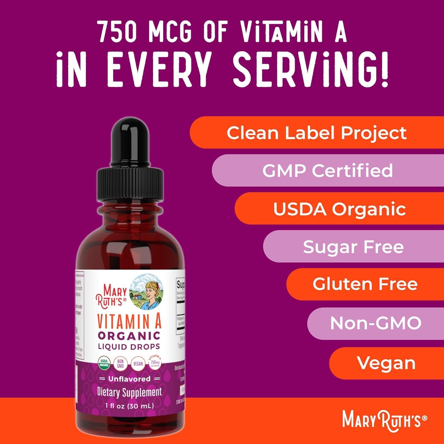 Maryruth Organics USDA Organic Vitamin A Liquid Drops for Immune Support, Eye Health, Skin Health for Ages 14+ | 3 Month Supply/10z