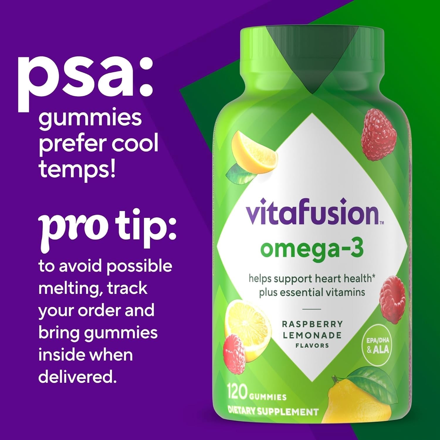 Vitafusion Omega-3 Gummy Vitamins, Berry Lemonade Flavored, Heart Health Vitamins 120 Count