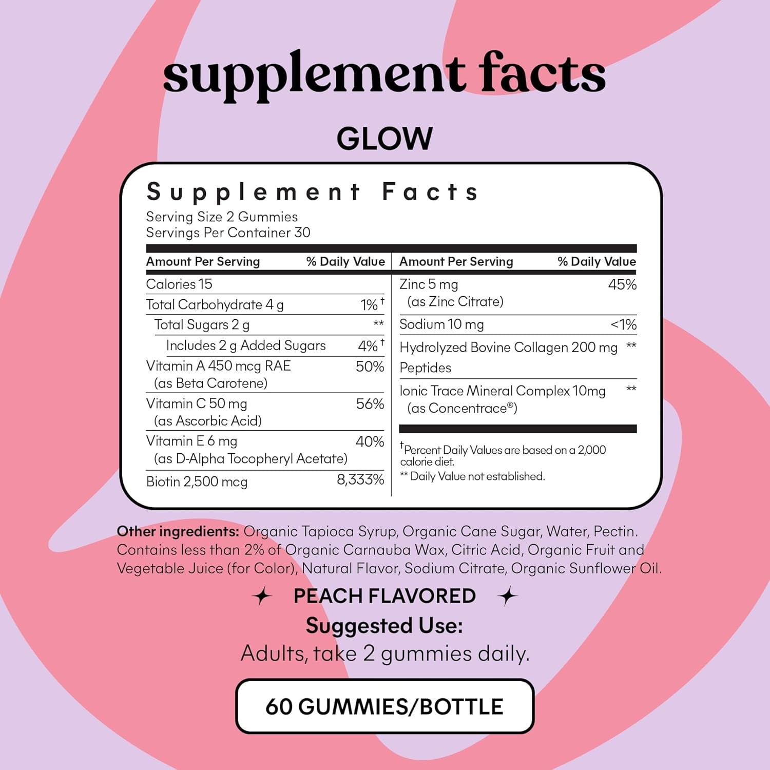 Lemme Glow Collagen Gummies for Thick Hair, Strong Nails & Healthy Skin, Peach Flavor, 60 Count