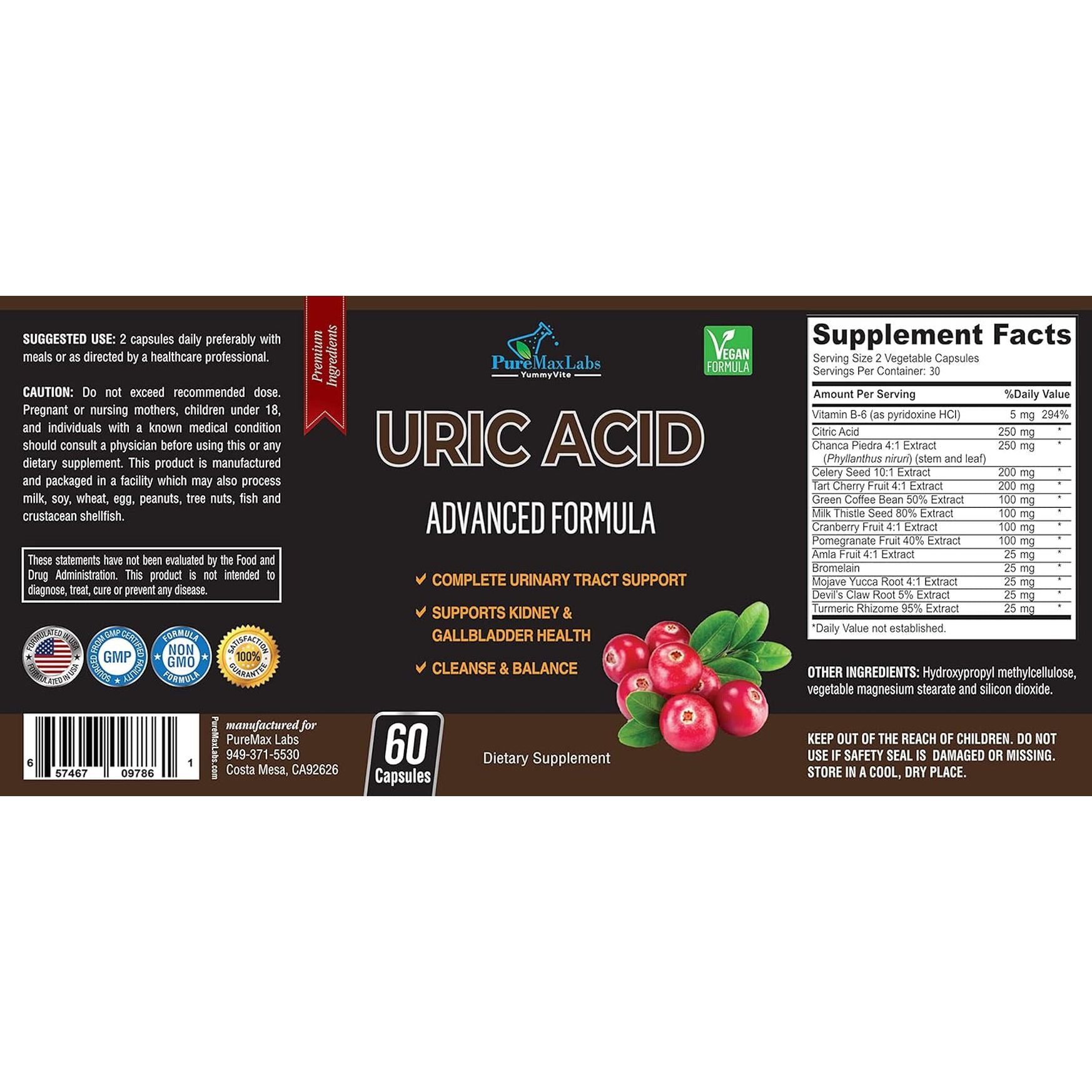 Uric Acid Advanced Formula – Kidney, Liver, Gallbladder, Urinary Tract Cleanse 60 Capsules