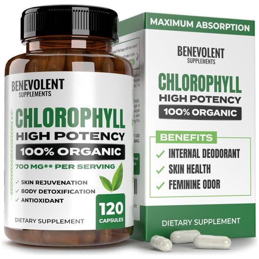 Benevolent Chlorophyll Capsules 700Mg - 100% Natural + Ultra Chlorophyll 20X Potency Concentration 120 Capsules