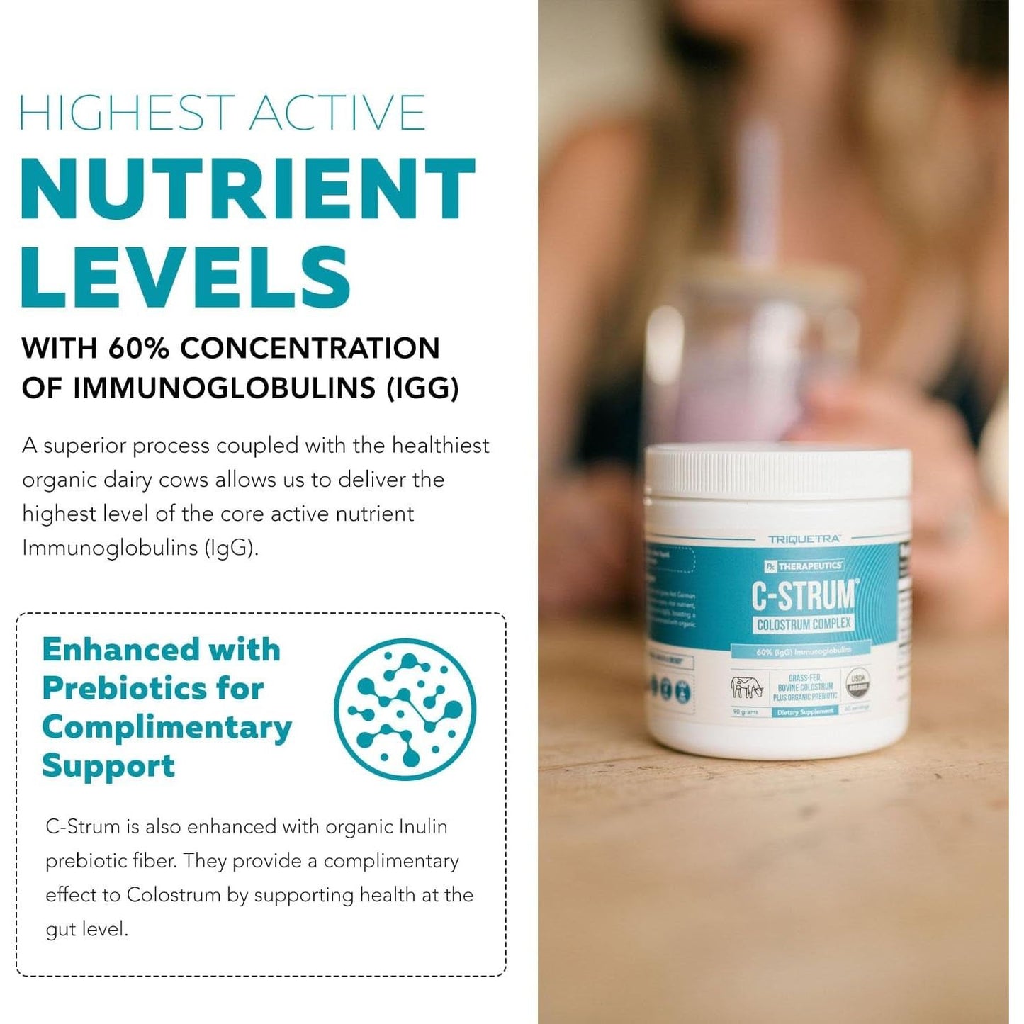 C-Strum® Organic Bovine Colostrum Powder, 60% Igg - Gut, Immunity, Skin & Hair Support (60 Servings)