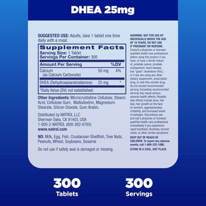 Natrol Mood & Stress DHEA 25Mg with Calcium, for Balance of Certain Hormone Level and Mood Support, 300 Tablets