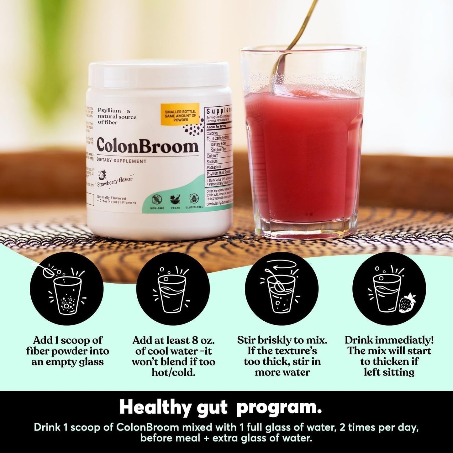 Colonbroom Psyllium Husk Powder (Strawberry) - Colon Cleanse for Bloating Relief & Gut Health - 50 Servings