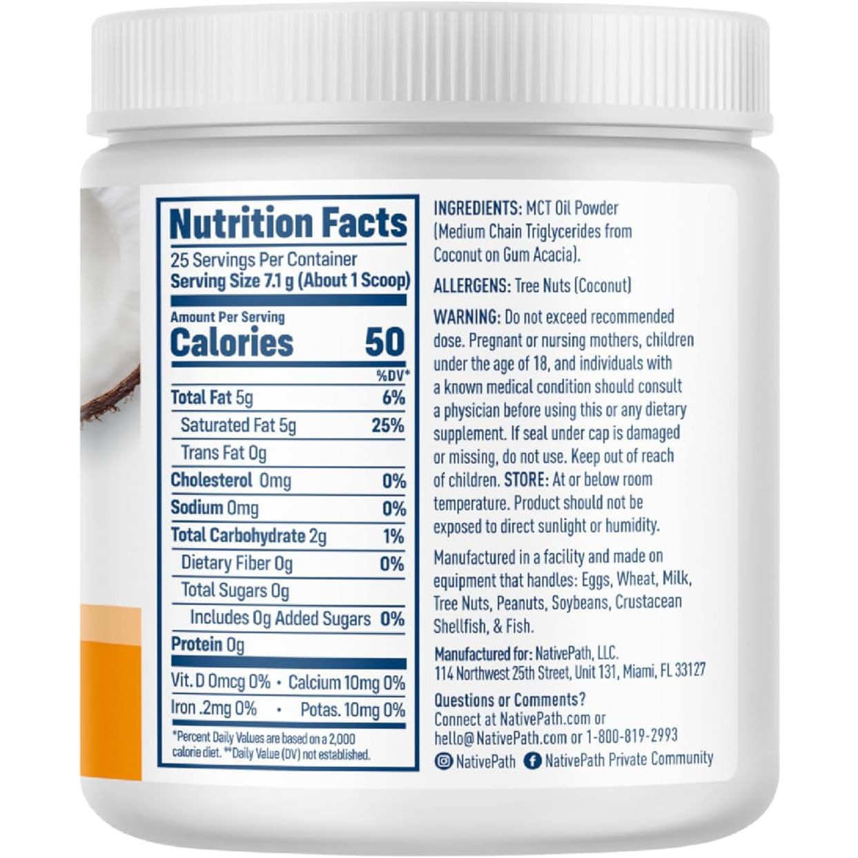 Nativepath MCT Oil Powder Supplement - Unflavored MCT Powder - Keto-Friendly - 25 Servings