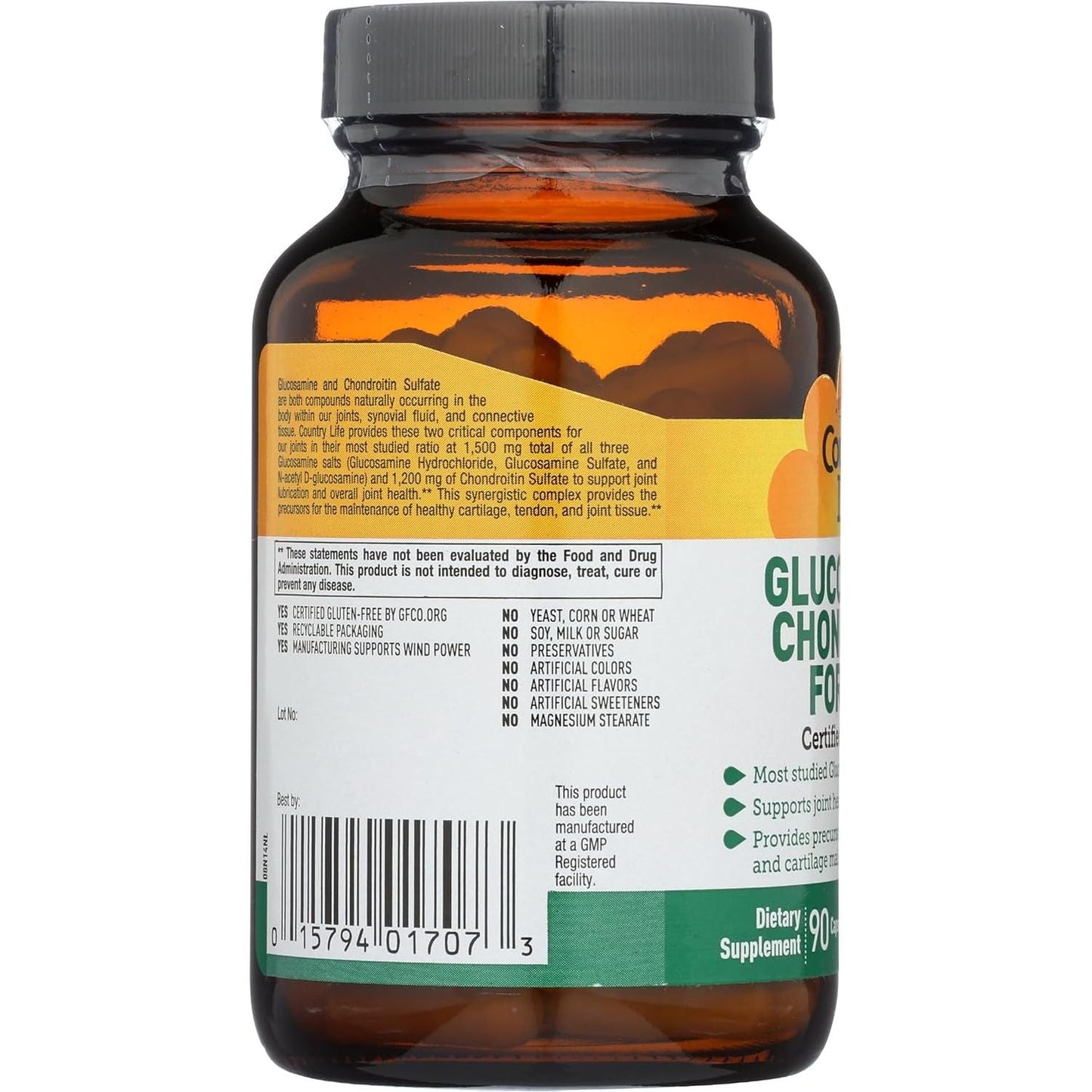 Country Life Glucosamine Chondroitin 1500Mg/1200Mg - Supports Joint Health & Lubrication - 90 Capsules