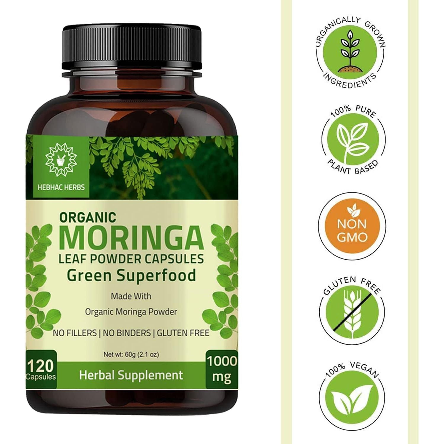 Organic Moringa Capsules –  Energy, Metabolism, & Immune Support 120 Capsules 1000Mg