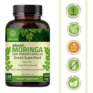 Organic Moringa Capsules –  Energy, Metabolism, & Immune Support 120 Capsules 1000Mg