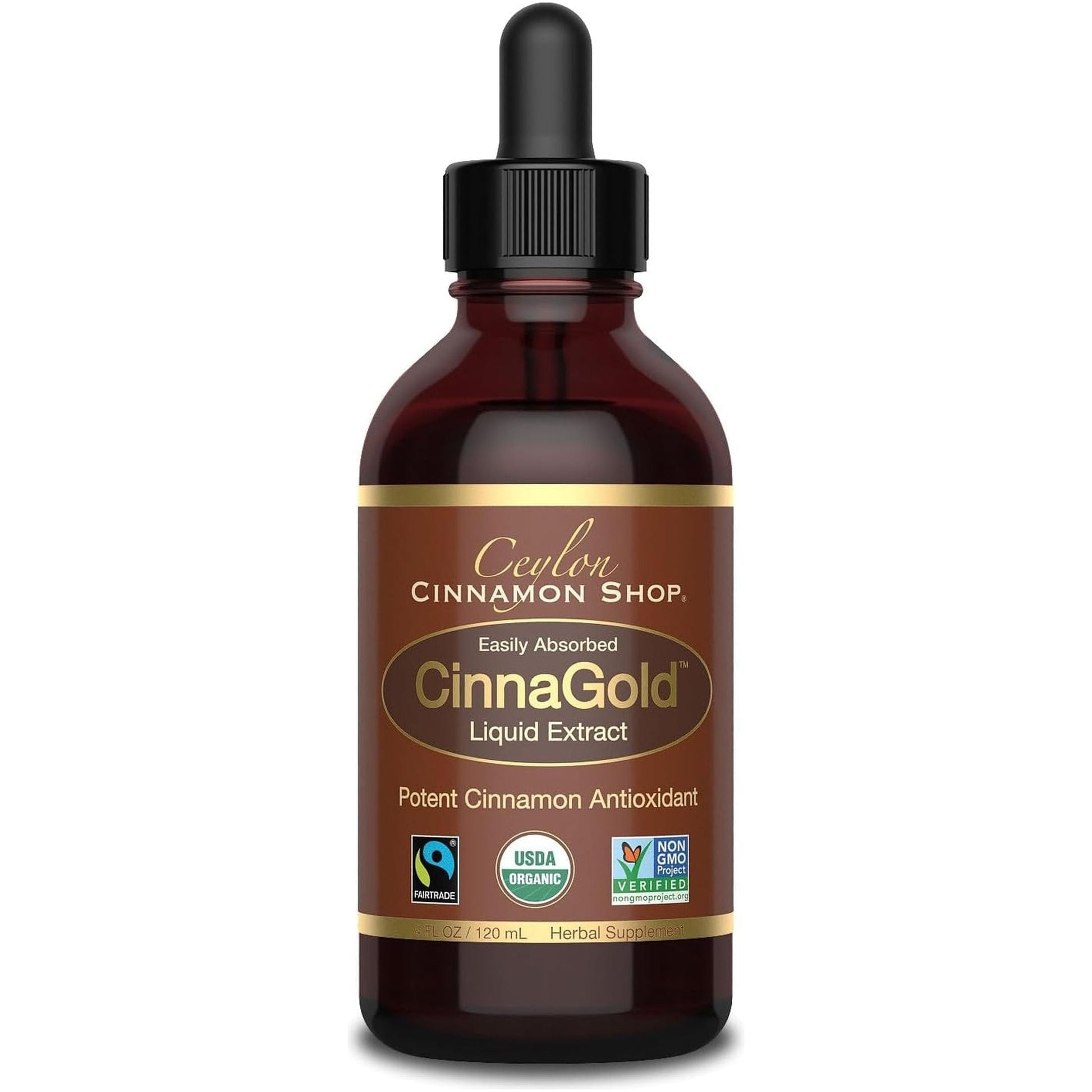 Cinnagold™ Organic Ceylon Cinnamon (100% Certified) Supplement, High-Potency Liquid Extract, 4 Oz. – Super Antioxidant