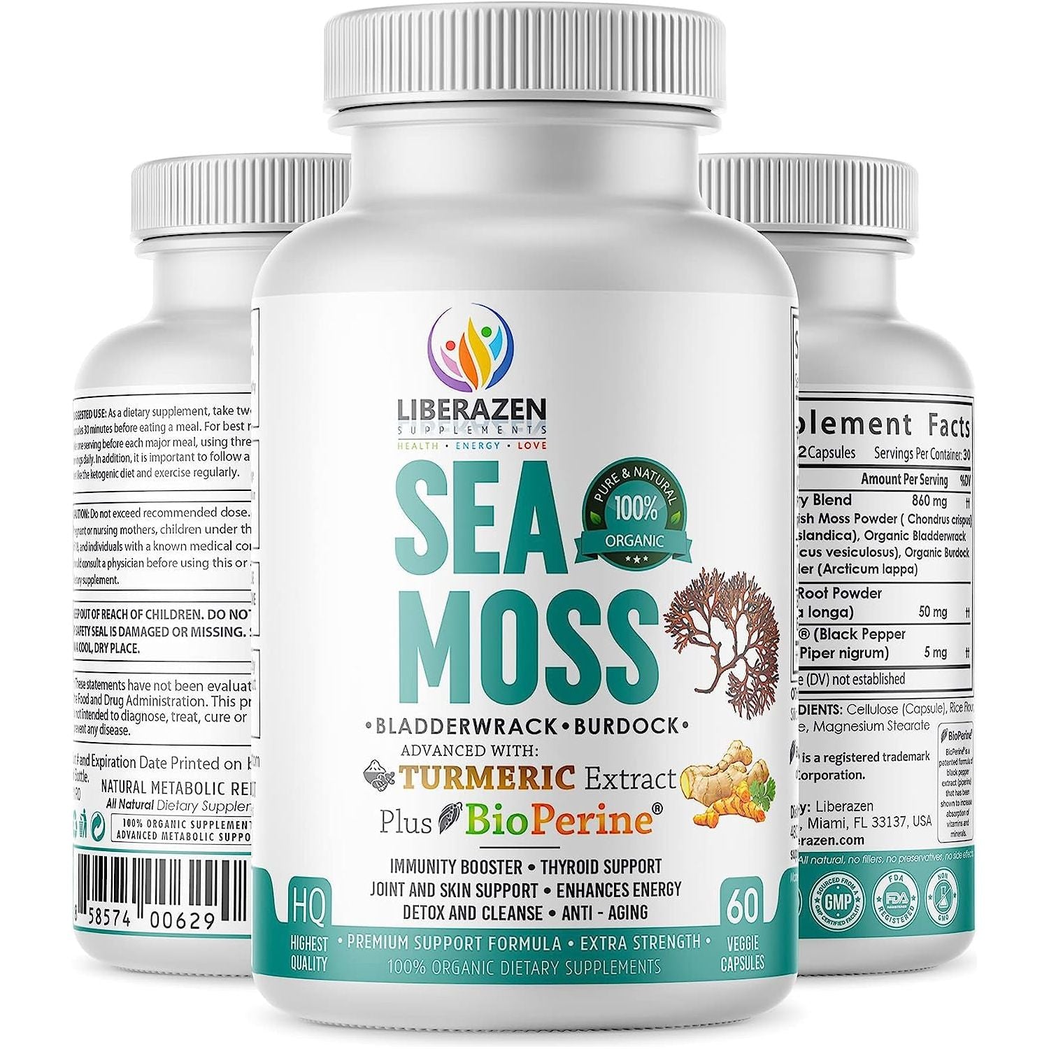 Organic Irish Sea Moss Pills -  Seamoss Blend with Turmeric, Burdock Root & Bladderwrack, Enhanced with Black Pepper - 60 Capsules
