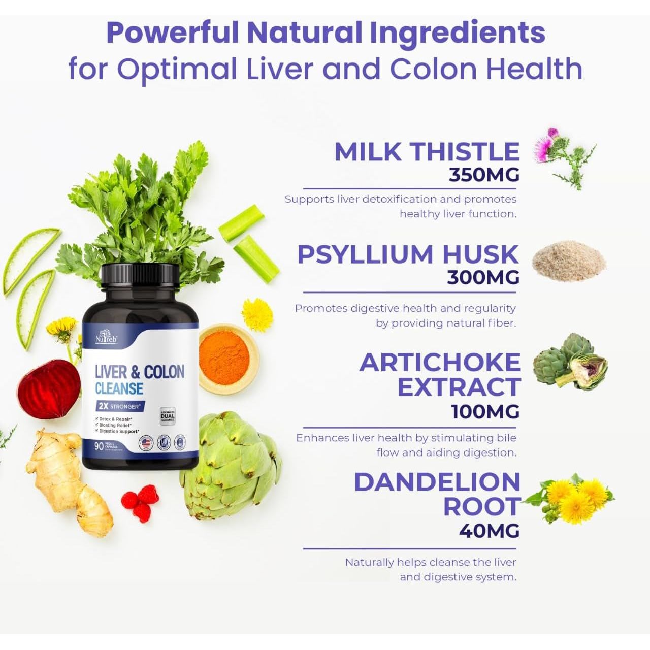 Liver Detox & Colon Cleanse - Premium Milk Thistle Supplement - Men & Women - Vegan 90 Capsules