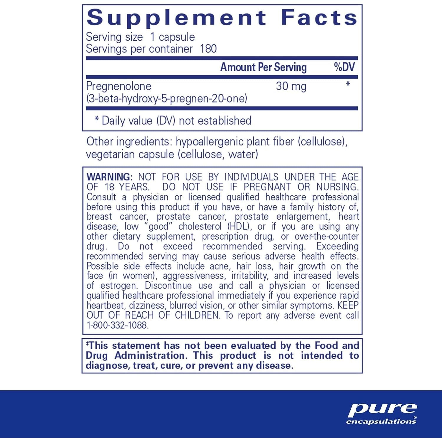 Pure Encapsulations Pregnenolone 30 Mg - Memory Support & Brain Supplement - 180 Capsules